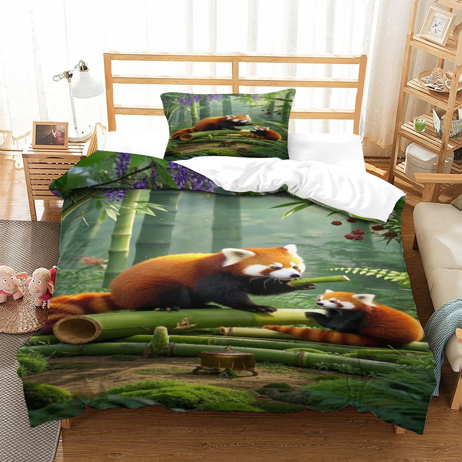 XPASHIQWC Red Panda 3D Print Bedding Set Bamboo Forest with Hidden Zipper And Pillow Casesfor Kid Teens Boys And Girls Single（135x200cm）