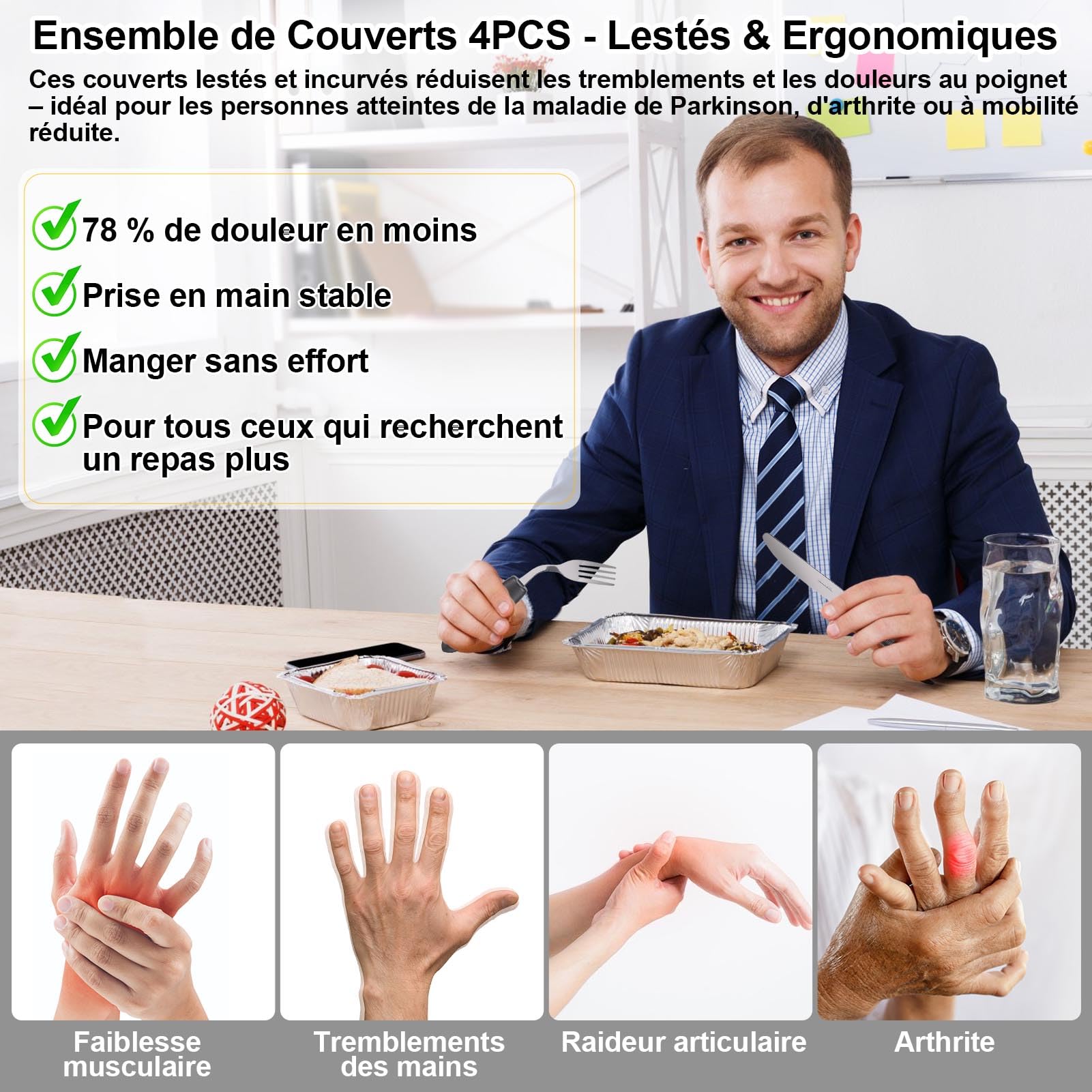 4 Pièces Couverts Adaptés - Angle de 45°, Ustensiles Parkinsons Couverts Lestés pour Âgées, Tremblements et Arthrite, Aide à l'Alimentation Ergonomique Facile à Saisir pour Droitier, Noir