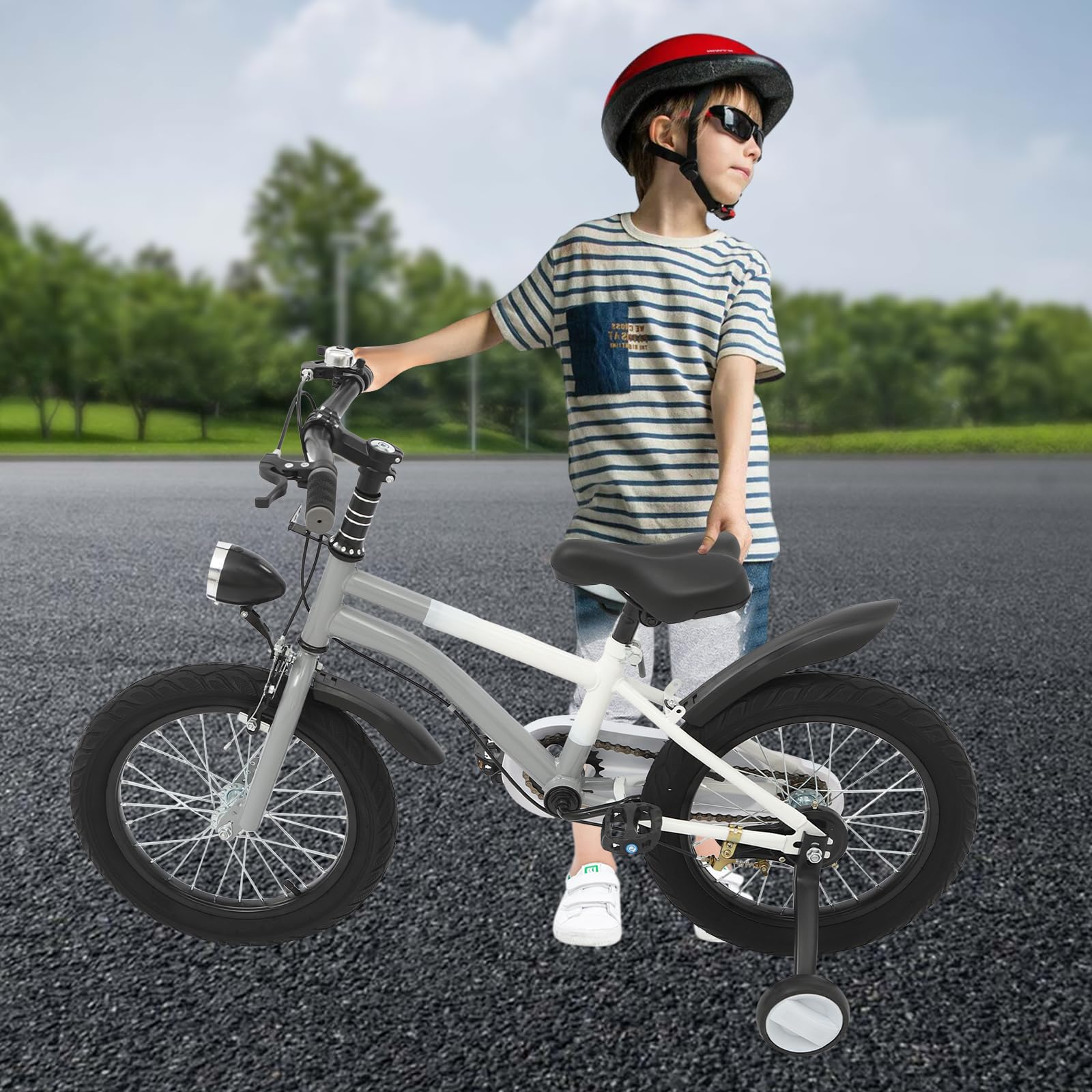 Vélo enfant 16 pouces pour garçon et fille, vélo avec roues stabilisatrices et lumière, hauteur réglable, vélo en acier au carbone pour enfant à partir de 4, 5, 6, 7 ans, gris
