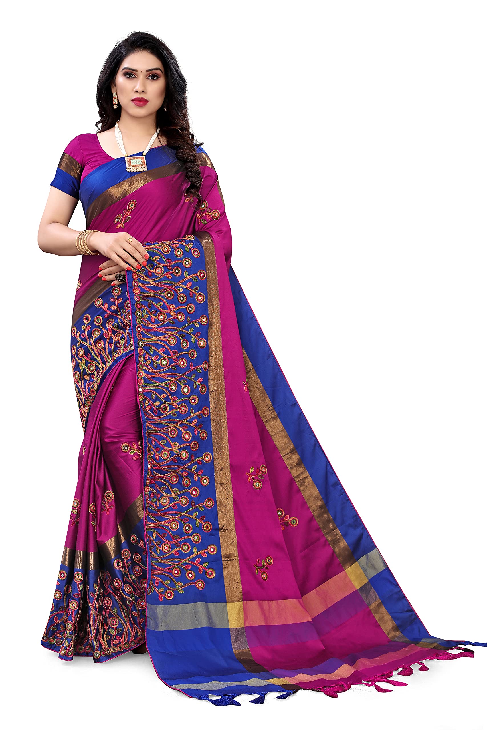 SERONA FABRICS Women's Cotton Silk Embroidered Work Saree With Blouse Piece