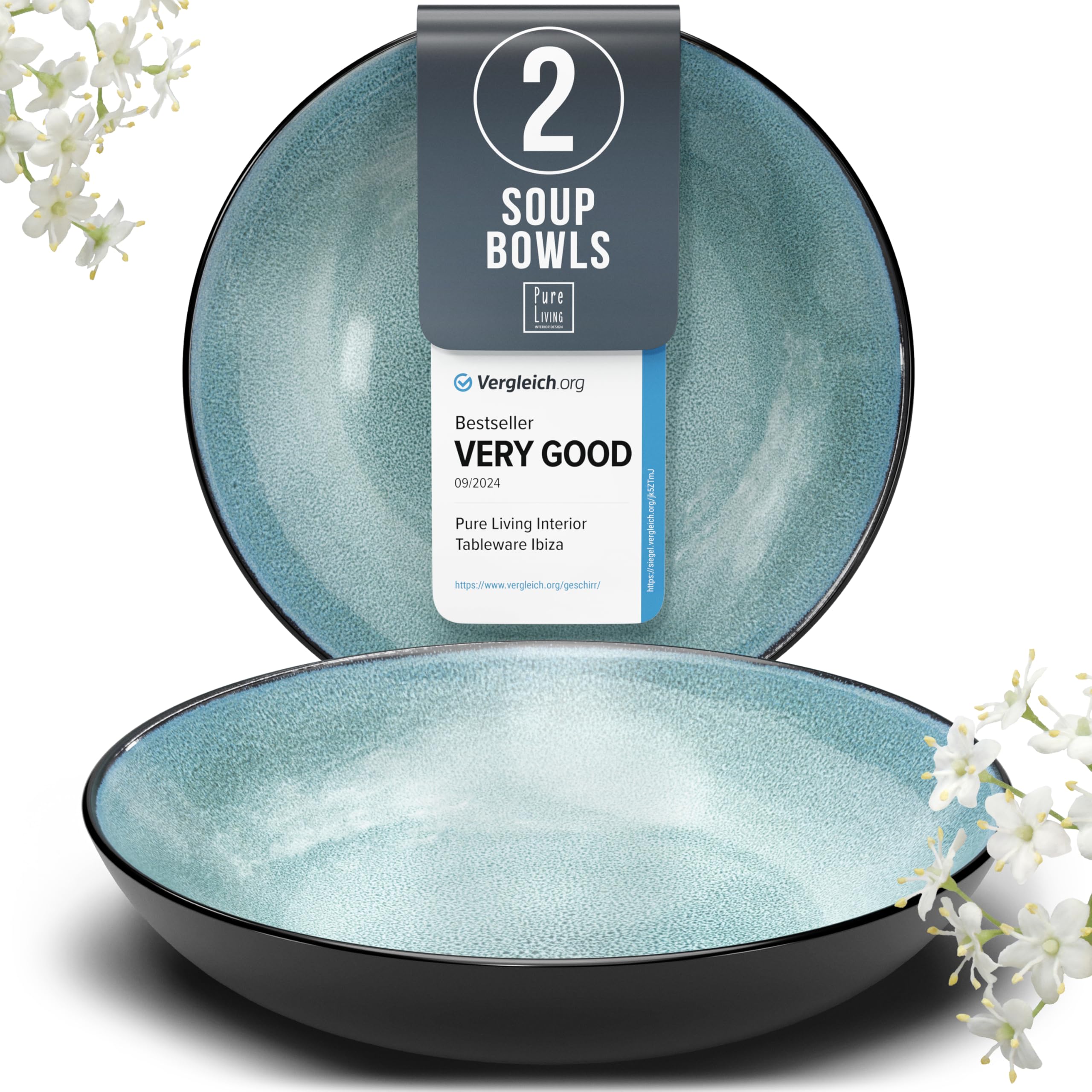 Stoneware pasta bowls set 2 pcs – 7.7" dark petrol blue ceramic plates & salad bowls – Dishwasher and microwave safe – Large soup bowls stylish set – Dinner service Pure Living