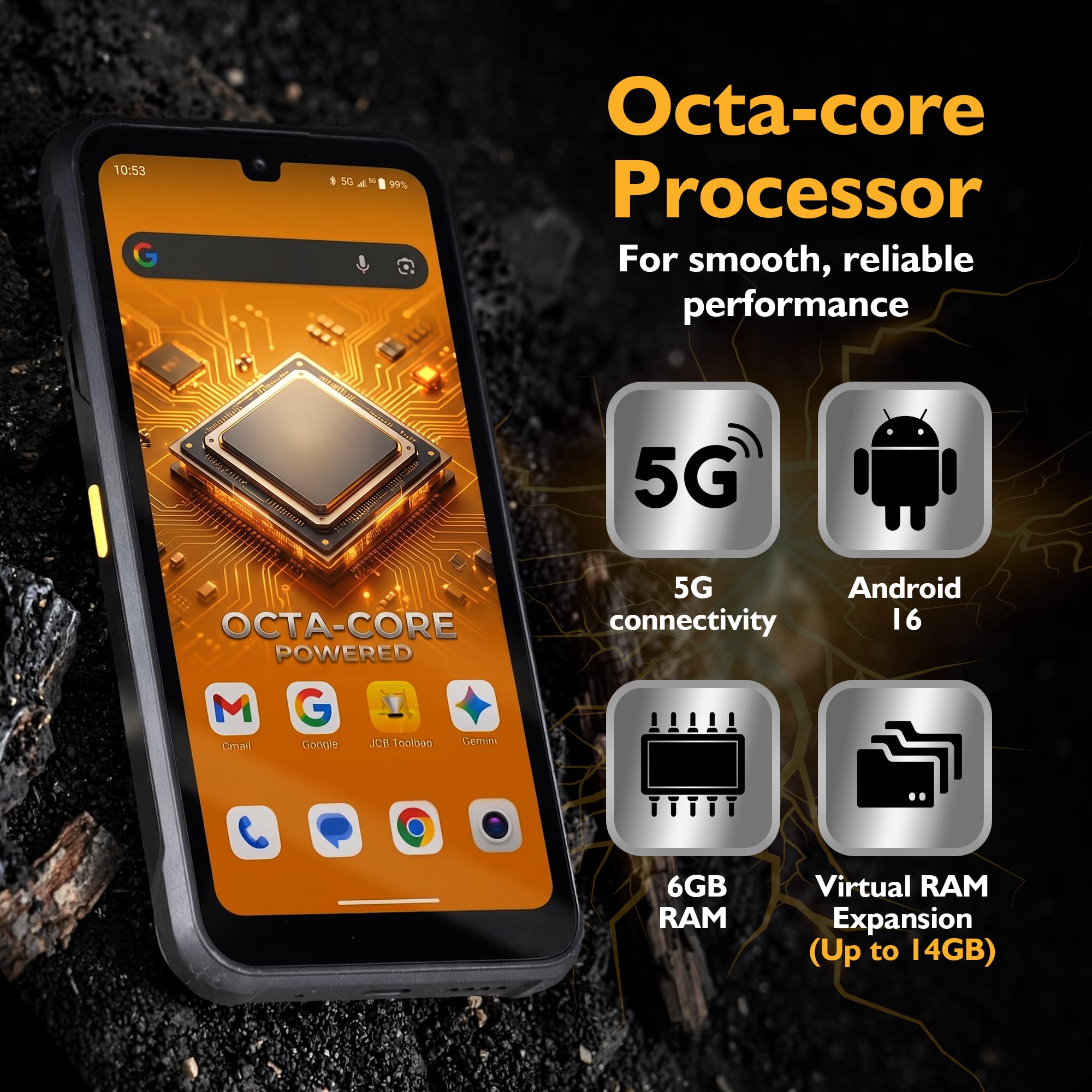 JCB Toughphone E50 Smartfon Rugged 5G Android 16, Telefon Pancerny i Wodoodporny, 6GB RAM 128GB, Bateria 5000mAh, Aparat 50MP, NFC, Szybkie i Bezprzewodowe Ładowanie, Dual SIM + eSIM, IP68/IP69K