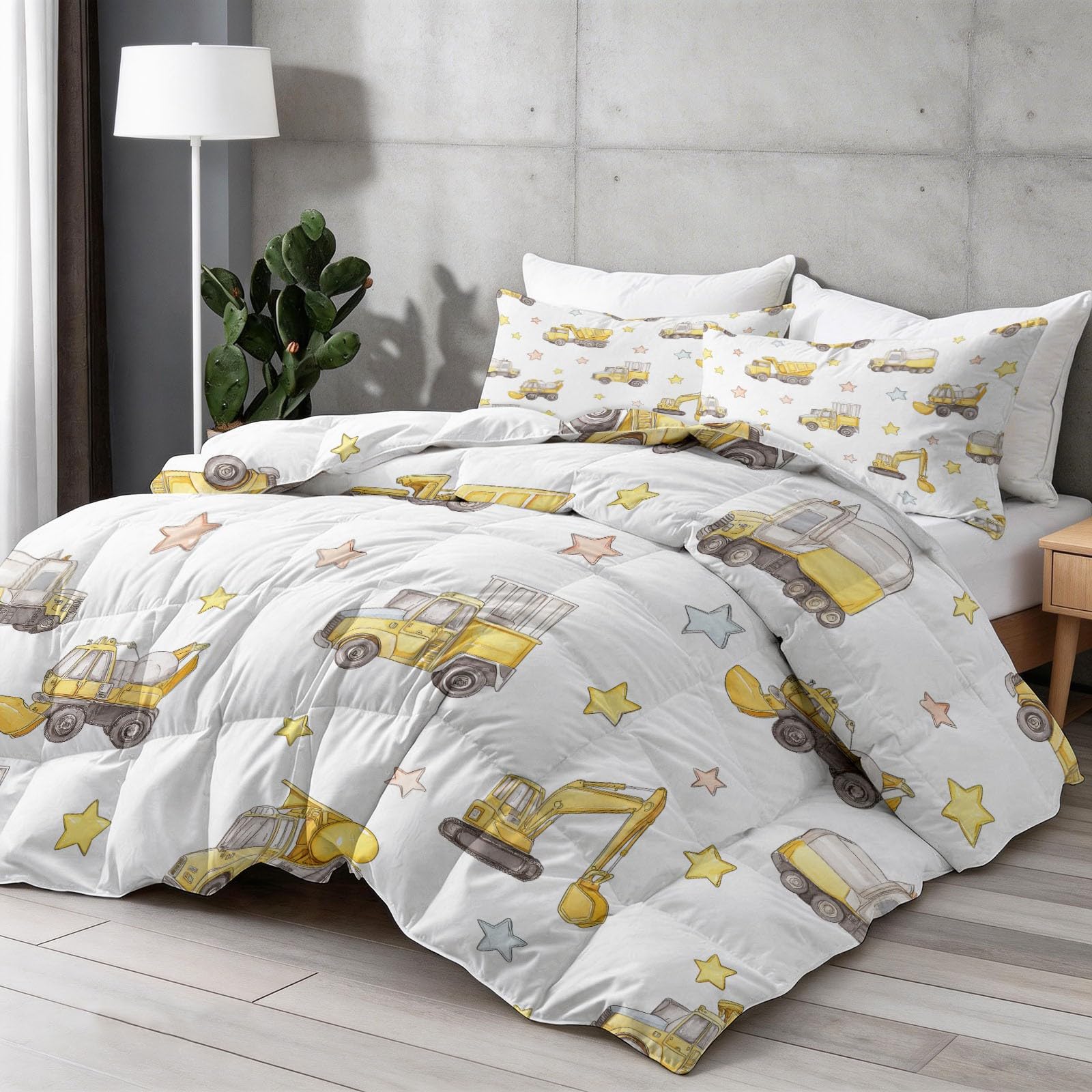 Colcha 200 x 200 cm Cubrecama Ligera Fina Entretiempo Extra Suave Camión Construcción & Estrellas Transpirable de Cama de Colchas Acolchadas de Microfibra Colcha a con NiñosAmarillo