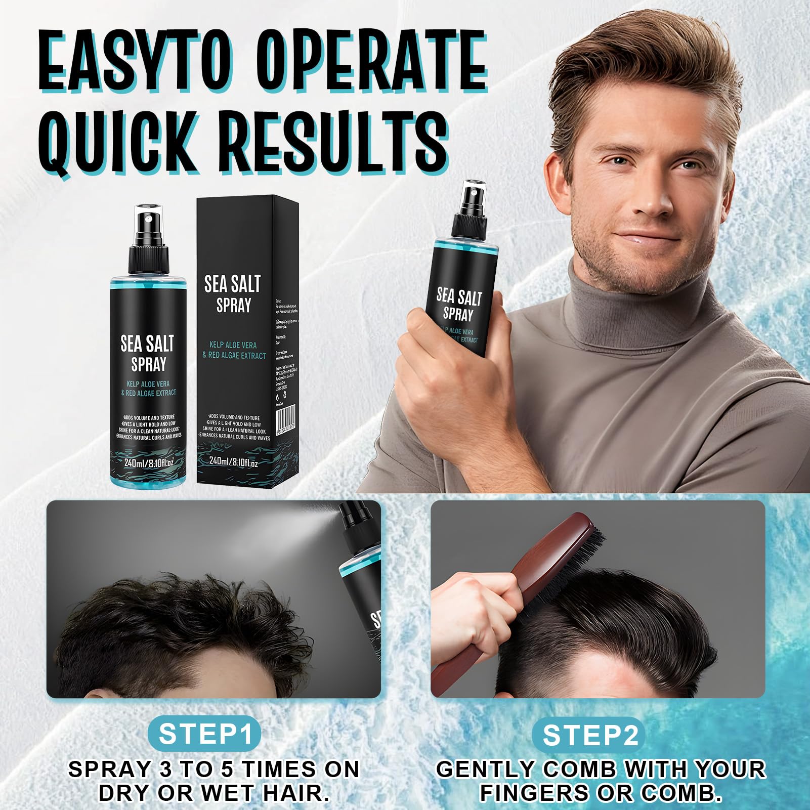 Spray Salino al Sale Marino, Acqua Marina per Capelli Uomo, Salt Spray Hair, Sea Salt Spray, Aggiunti Estratti di Alghe, Alghe Rosse e Aloe Vera, 240 ML