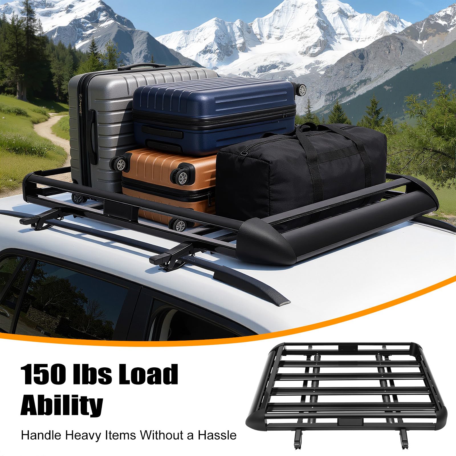 Dachkorb Universal SUV Dachgepäckträger Gepäckkorb Dachrack 127x97cm | Universal SUV-Dachkorb (127x97cm) aus wetterfester Aluminiumlegierung mit 68kg Traglast für Urlaubsreise und Camping.