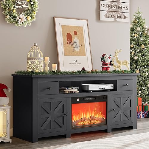 YITAHOME Electric Fireplace TV Stand for TVs up to 80 Inches, Entertainment Center with Fireplace, Farmhouse TV Stands with Storage Drawers & Cabinets for Living Room (Black)