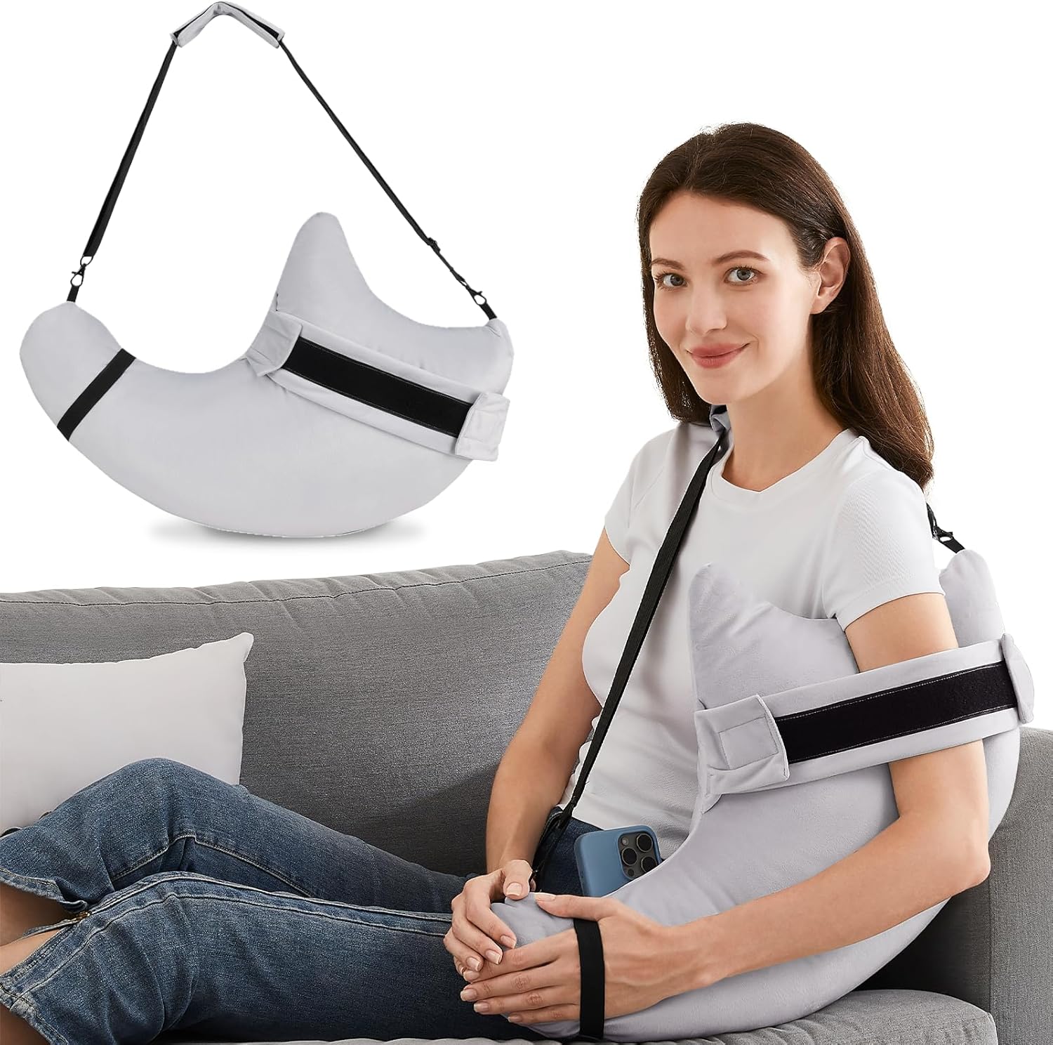 HARBOREST Shoulder Surgery Pillow with Straps & Pocket - Shoulder Pillow for Shoulder Pain, Rotator Cuff Pillow for Sitting, Relief Pillow (Light Grey)