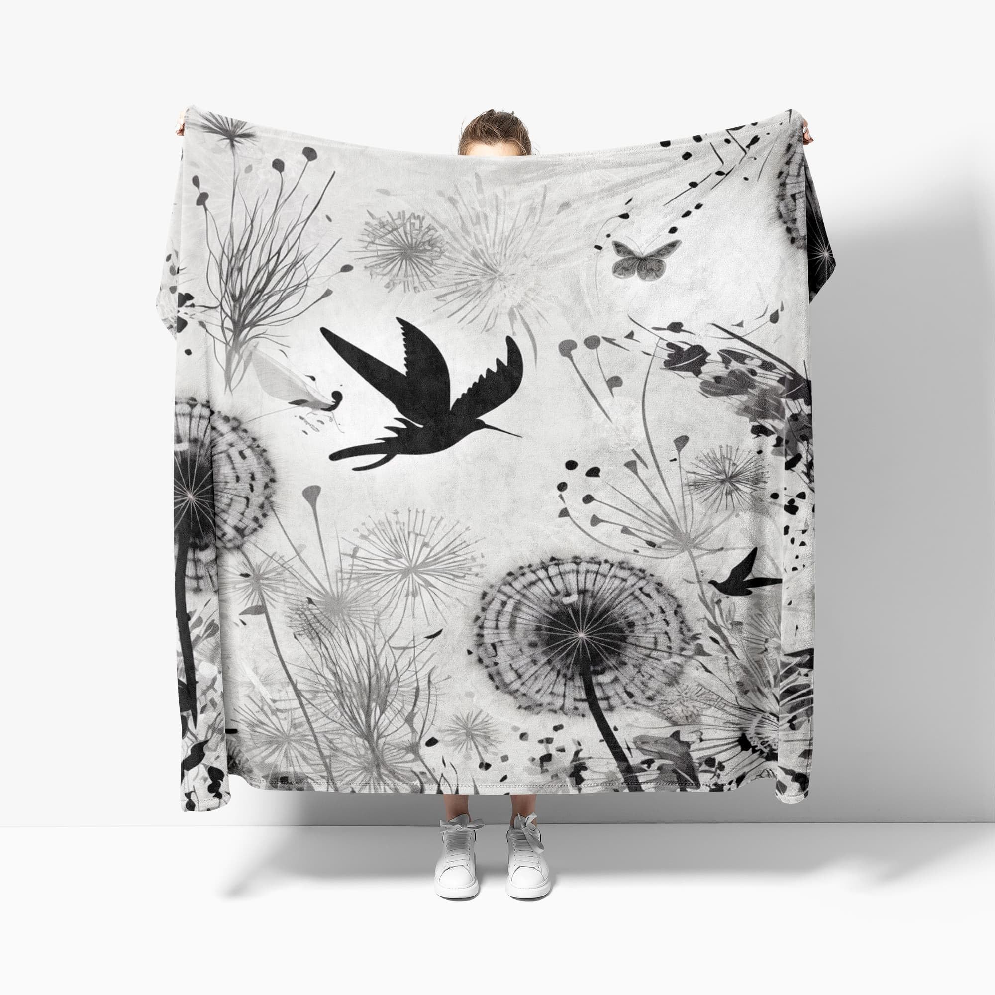 Kunst VöGel Dandelion, motyle, przytulny koc – szary, wełniany koc i koc polarowy, koc na sofę, miękki, ciepły, sztruksowy koc do pokoju, dekoracja mieszkania, przytulna narzuta XXL, 180 x 200 cm