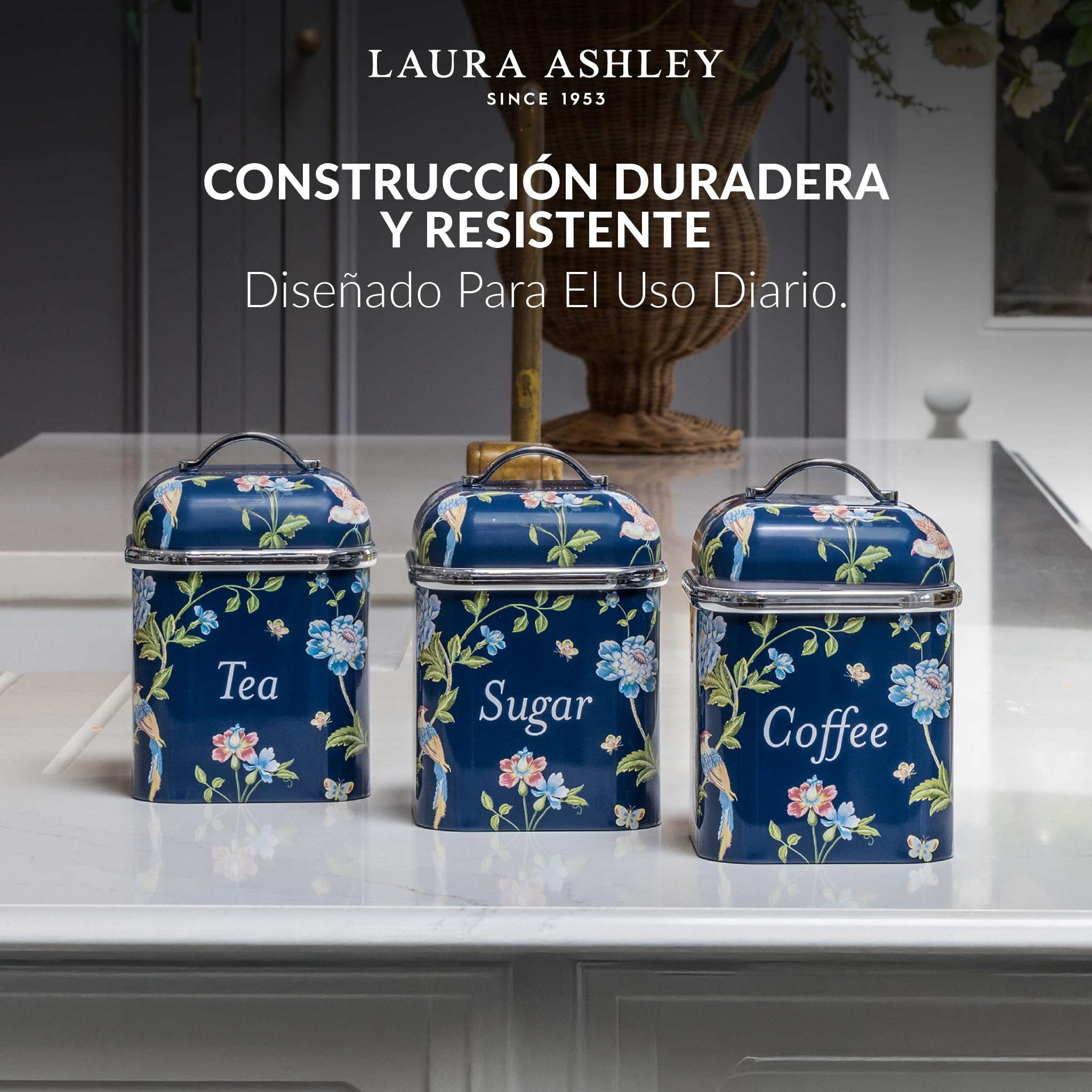 VQ Laura Ashley Elveden Navy Set 3 Botes Cocina Almacenaje Té Café y Azúcar
