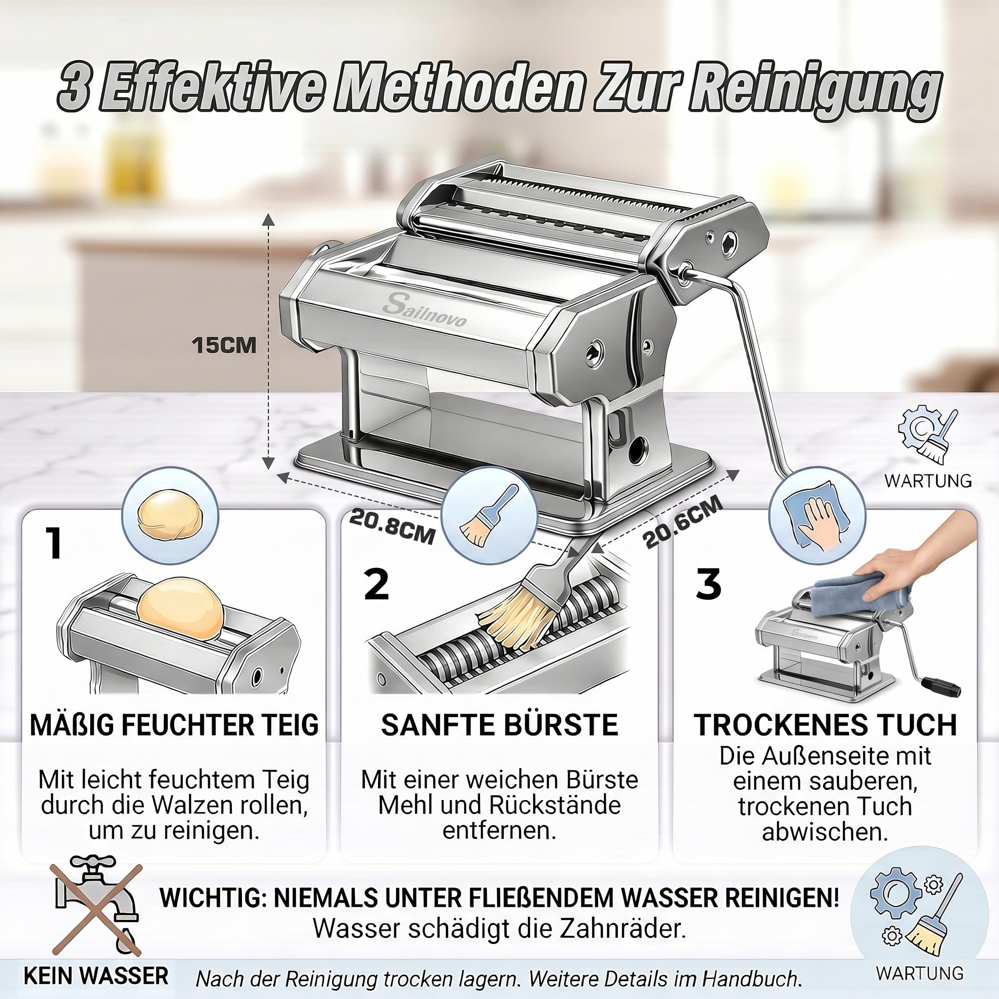 Sailnovo Nudelmaschine Pasta Maker 180 Aluminiumlegierung mit 9 Einstellbaren Stärkeeinstellungen und 2 Schneidern, Nudelmaschine Manuell für Spaghetti, Fettuccini, Lasagne, Geschenk (Silber)
