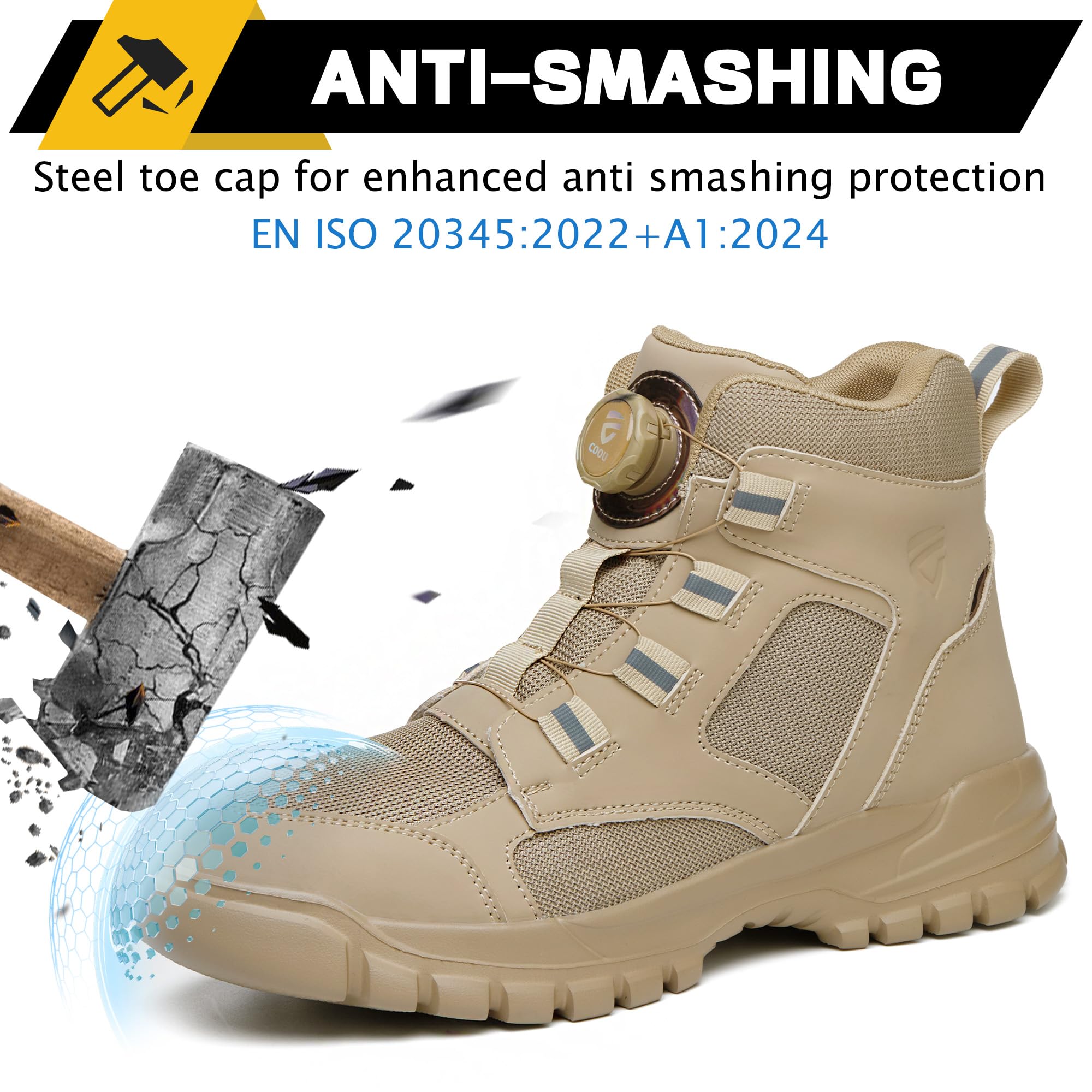 Bottes de travail respirantes sans dentelle avec embout en acier pour homme et femme | Bottes de sécurité légères Chaussures de construction