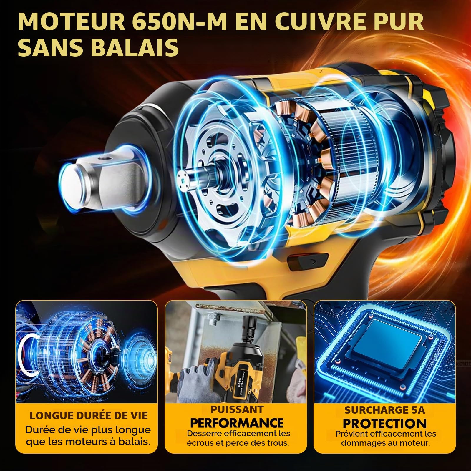 650 N.m Boulonneuse a Choc Electrique 21V, Clé à Chocs Sans Fil Brushless, avec 2x4.0Ah Batteries, 6 Douilles à Chocs 1/2", 5 Vitesses pour Auto et Bricolage