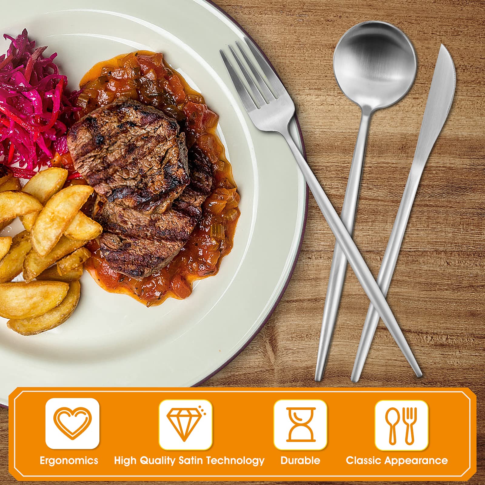 VANVRO Besteckset mit mattem Satin-Finish, 40-teiliges Besteck-Set, Besteck-Set, Service für 8 Personen, spülmaschinenfest