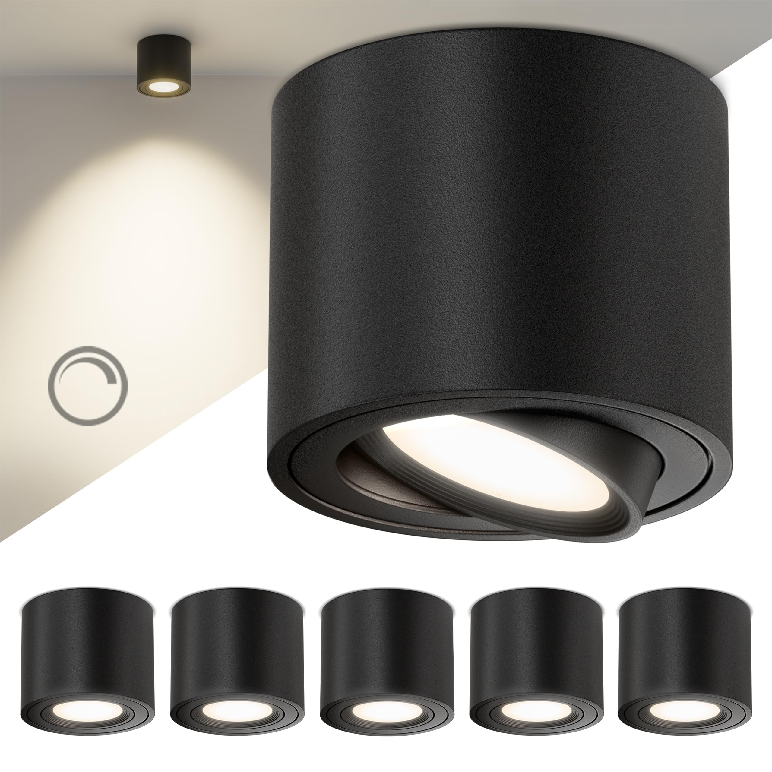 Scandinavian Home LED Aufbauspot 6er Set 230V Dimmbar Warmweiß 3000K 470lm CRI 90+ Deckenspots Aufputz Ø80x65mm Schwarz