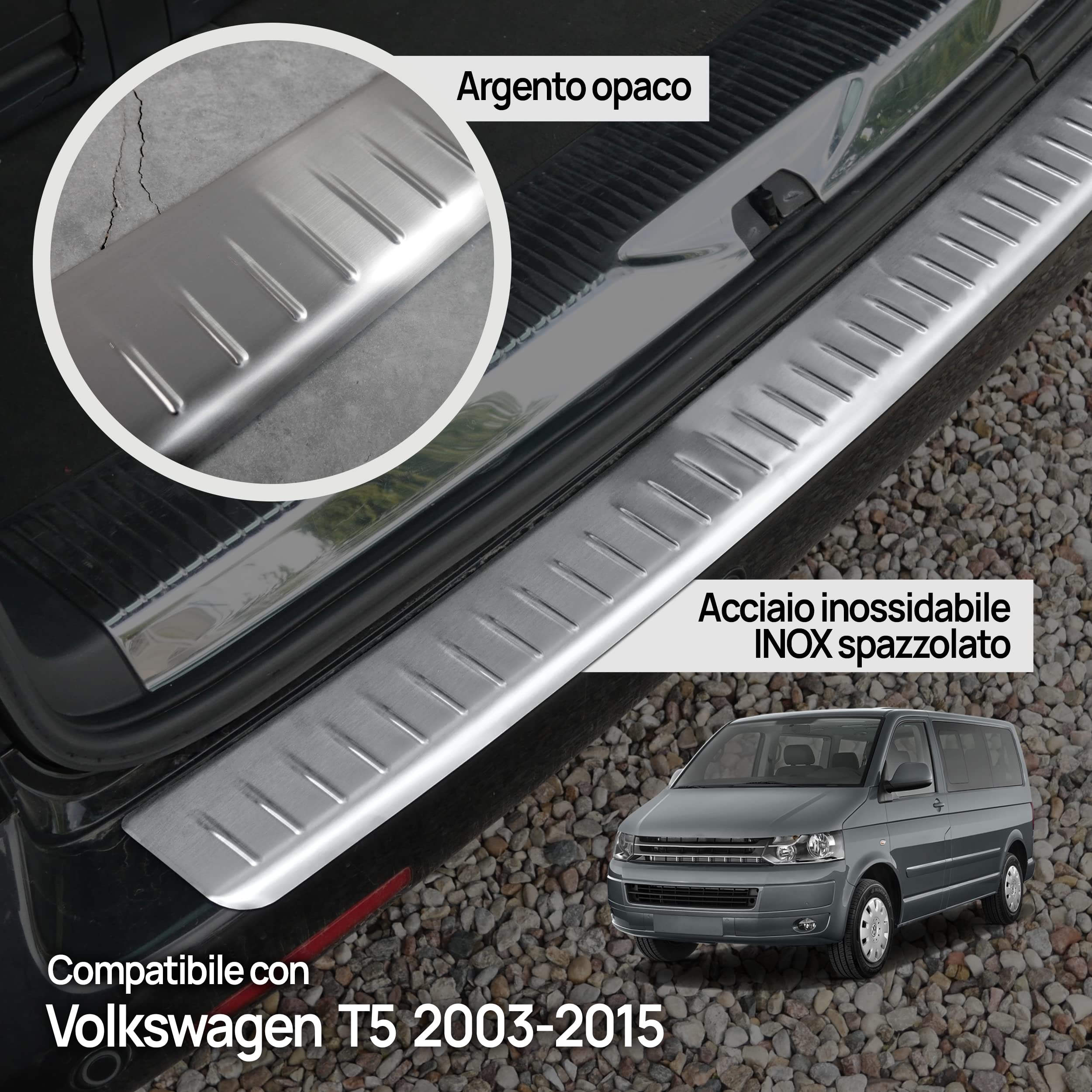 Chromemaster | Protezione paraurti Posteriore | Compatibile con VW T5 2003-2015 | Acciaio inossidabile INOX spazzolato, Argento opaco | Protezione paraurti protegge la vernice del paraurti dai graffi