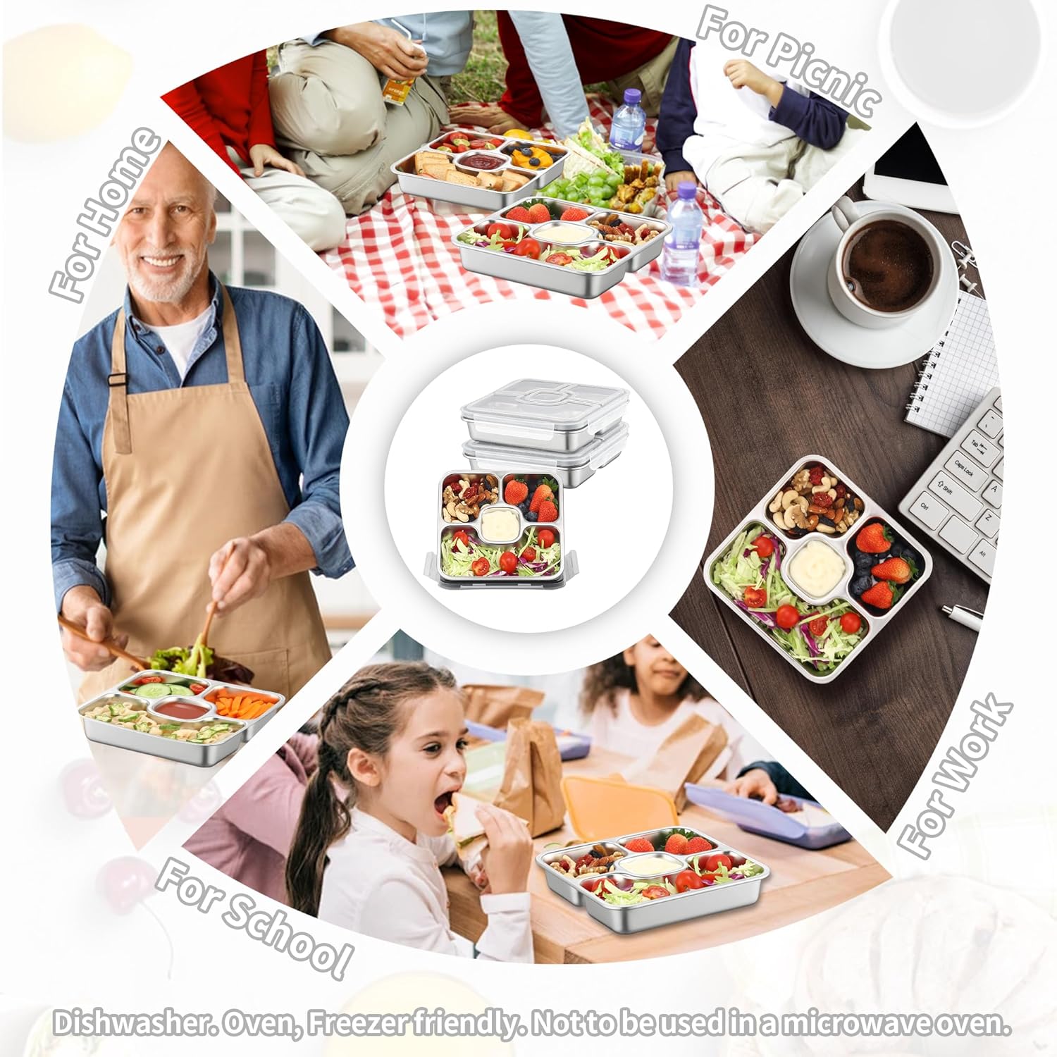 Stainless Steel Snack Containers with Lids 3 Pack Bento Lunch Meal Prep Containers Reusable Lunchable Containers for Adult/Kid Divided Stackable for Home Office Picnic Travel Beach(3, Gray, Large) - Image 8