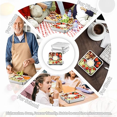 Miniatura 8 de Recipientes de acero inoxidable con tapas, paquete de 4 recipientes para preparar comidas, reutilizables, para adultos, divididos, apilables, Bento