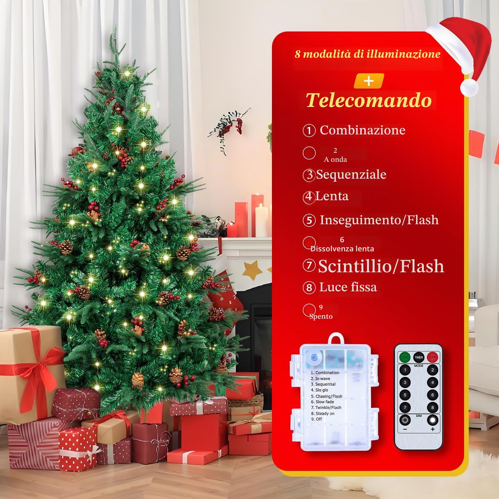 AGM 210 cm Albero di Natale, 900 Rami, con Luci a Corda da 500 LED, Albero di Natale Artificiale con Aghi di Pino Misti, Bacche Rosse e Cerniere e Base