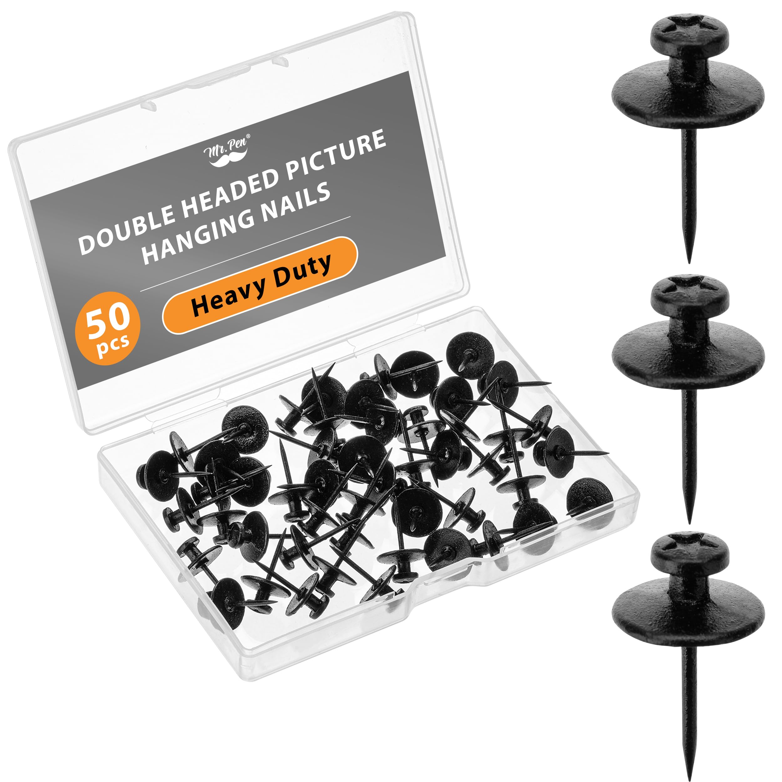 Mr. Pen- Double Headed Picture Hanging Nails, 50 Pack, Black, Push Pins for Wall