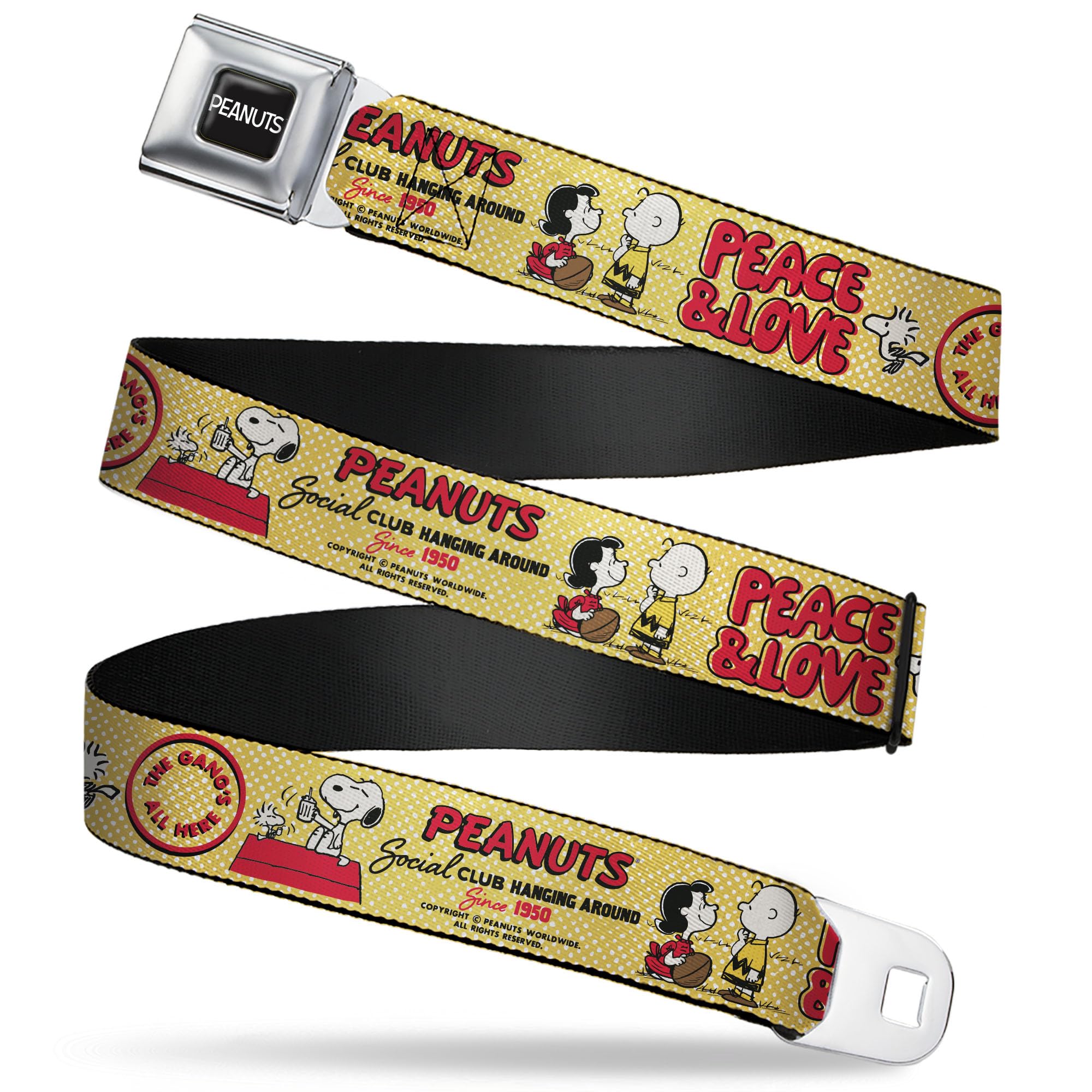 Peanuts Belt, Seatbelt Buckle, Peanuts Social Club Peace Love Scenes Yellow Red