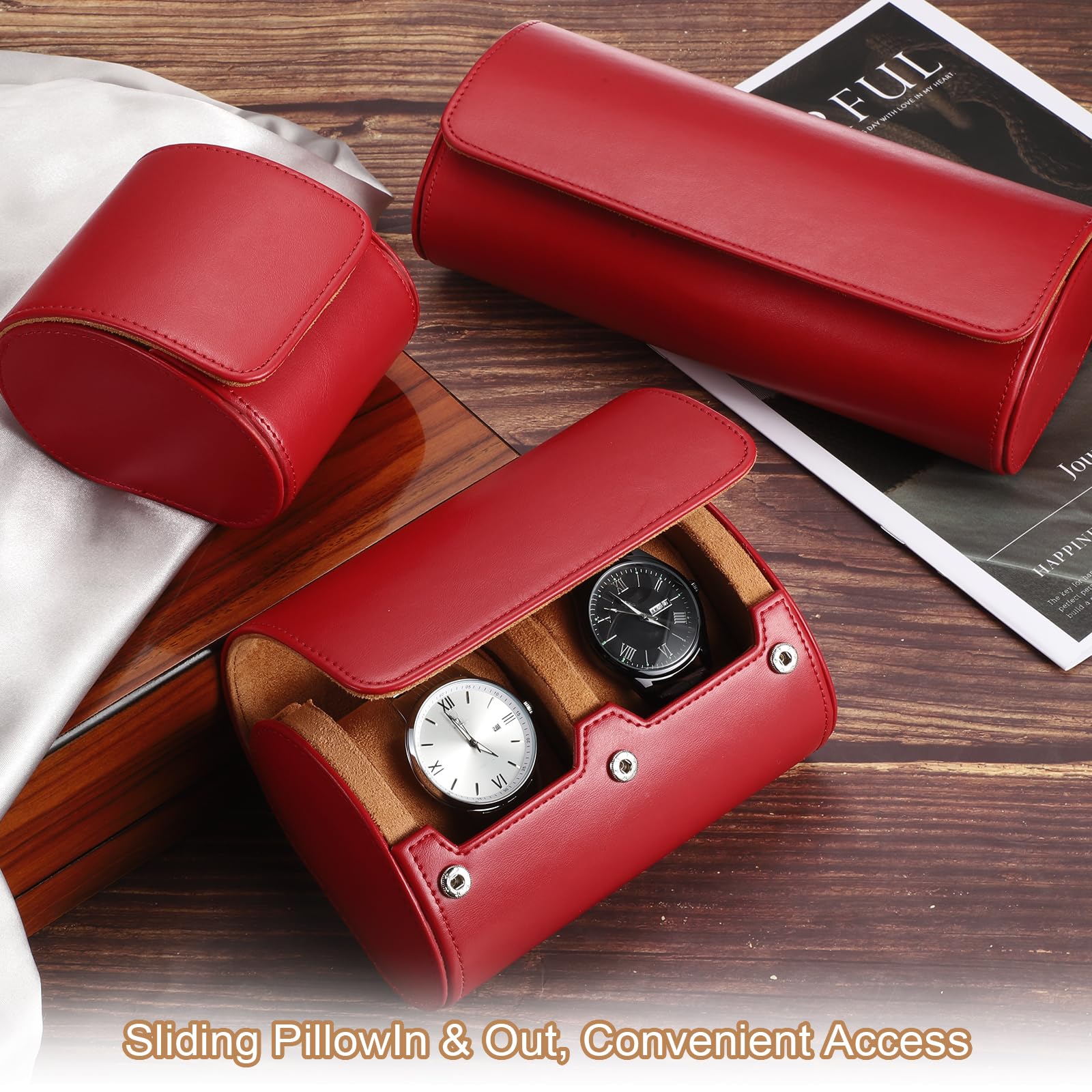 Custodia da viaggio per orologio da uomo in pelle, astuccio arrotolabile per orologio, scatola portaoggetti portatile per orologio, ideale per Natale, compleanno e anniversario, con 2 scomparti (ros
