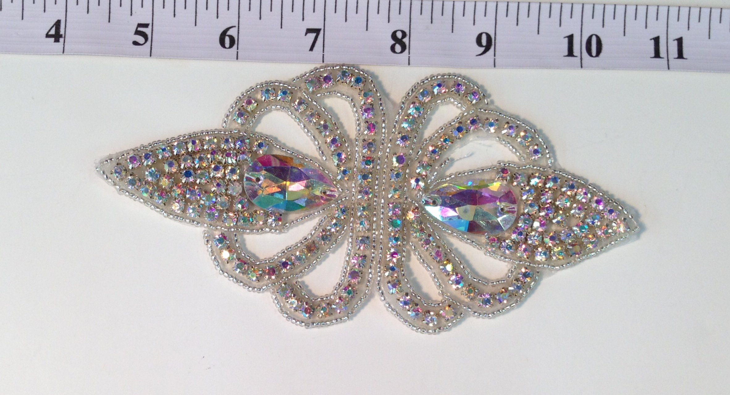 ModaTrims Hot-Fix or Sew-On Beaded Crystal Rhinestone Applique for Bridal Belt Wedding Sash (AB Crystals, Silver Beads, Silver Cups, 6 inch x 3 inch)