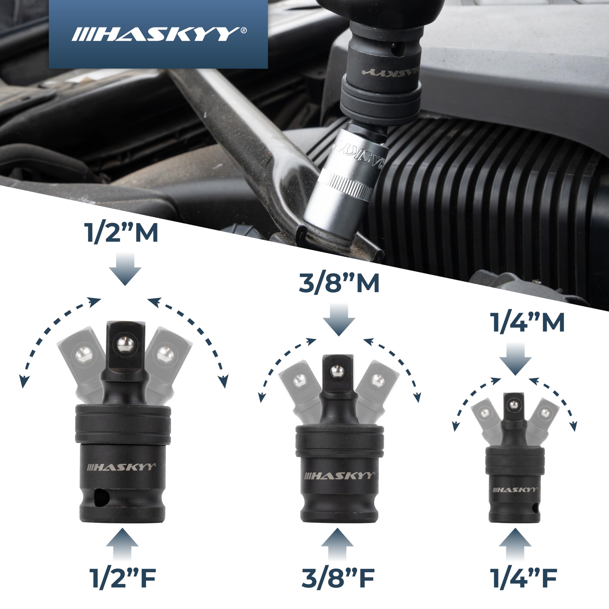 HASKYY Adapter Schlagschrauber Set Kreuzgelenk 17 tlg. Steck-Nuss-Adapter-Satz für Schlagnuss 1/4" 3/8" 1/2" 3/4" Antrieb