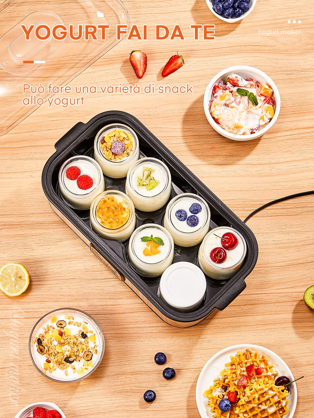 Yogurtiera Elettrica con LCD Display, Fohere 8 Vasetti da 180 ml in Vetro, Timer 48 Ore e Controllo Costante Della Temperatura, BPA Free, Macchina Yogurt Vegano e Senza Lattosio