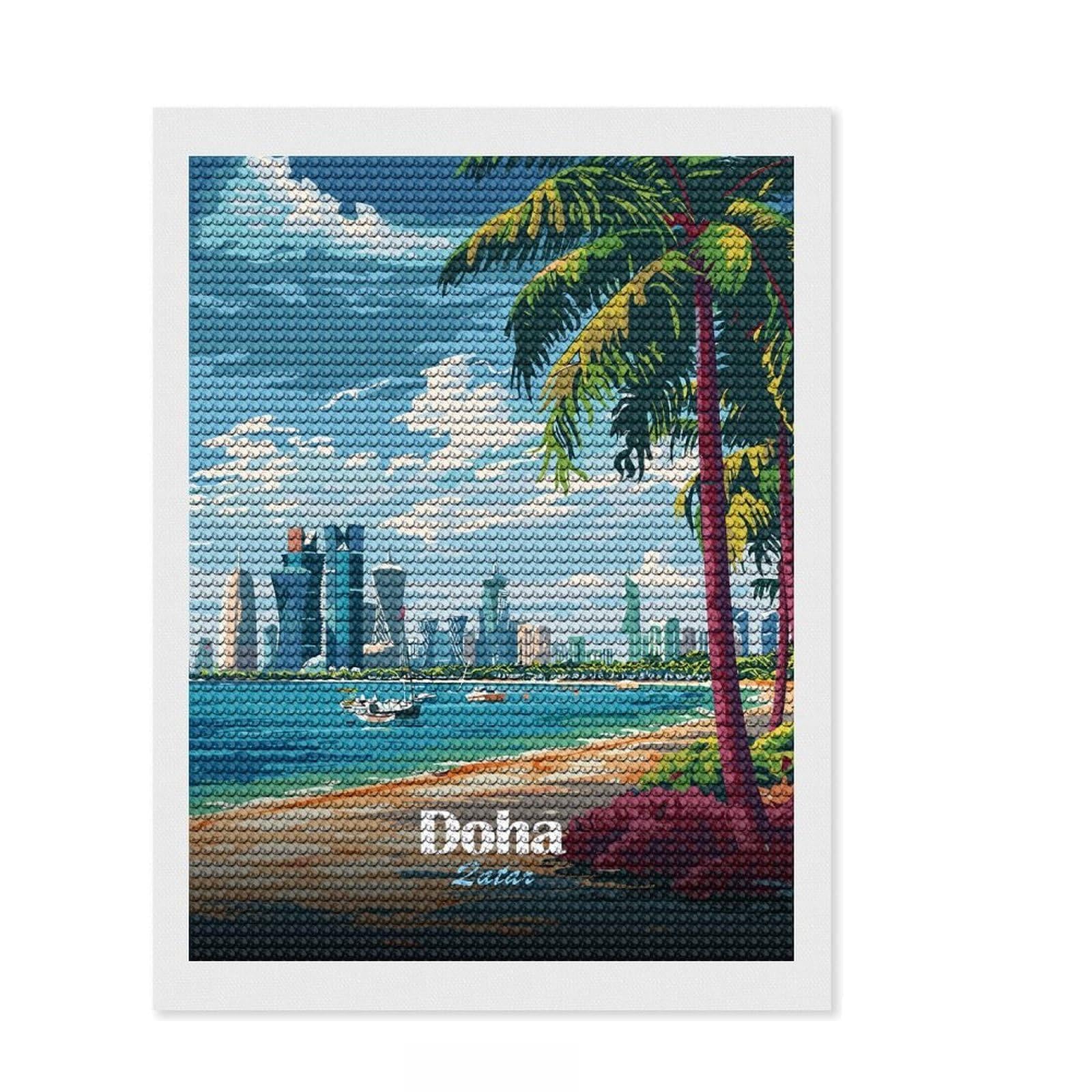 Junmoney Doha, Qatar Beach and Skyline Diamond Art Kit 12"x16", for Creative Relaxation, Vintage Style Decor, Good for Quiet Evenings, Christmas Gift