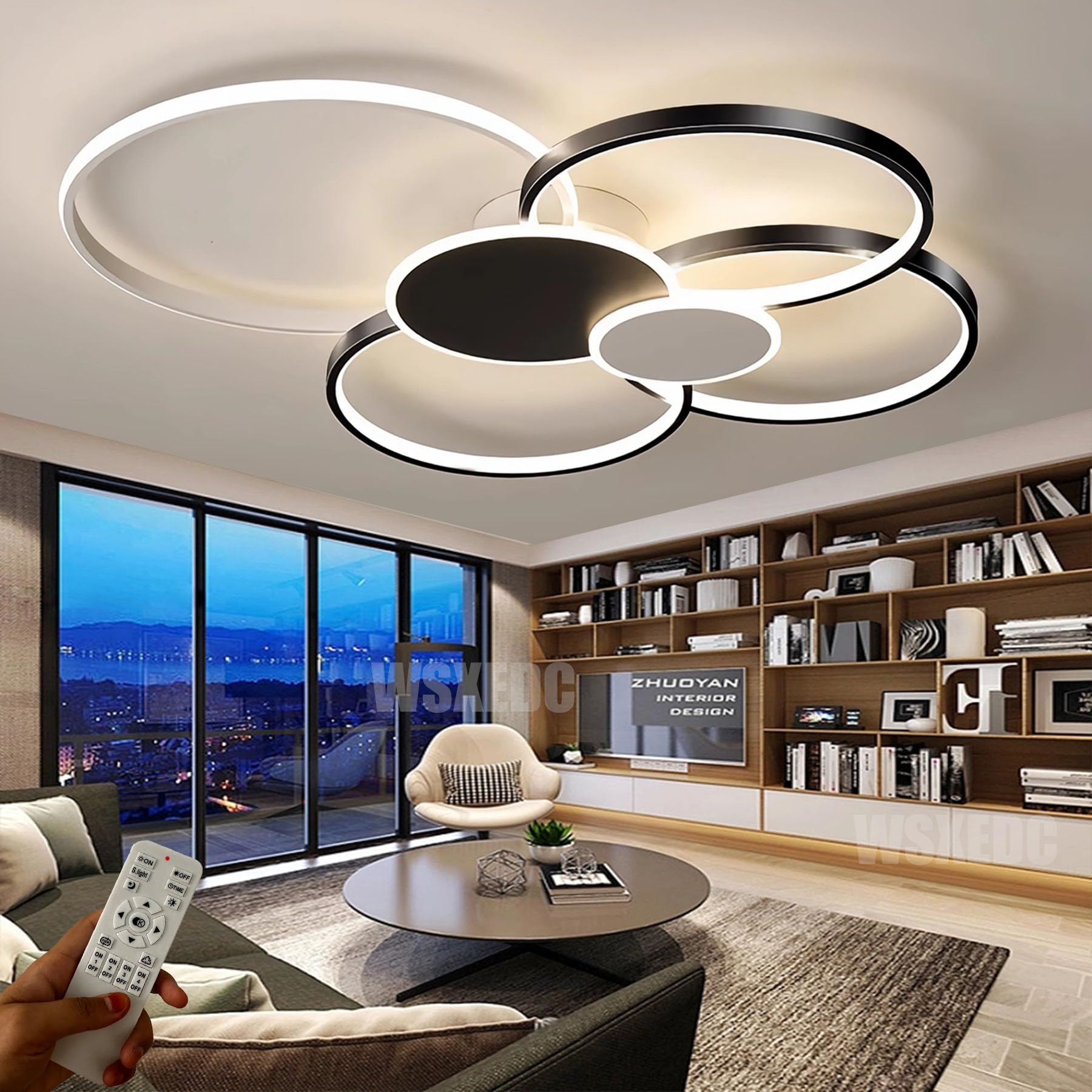 WSXEDC Dimmable LED 6 Ring Living Room Light LED Ceiling Light Modern Black-White Creative Ceiling Lighting Interior Ceiling Spots Eye Care for Bedroom Office Dining Room Youth Room L100cm 93W