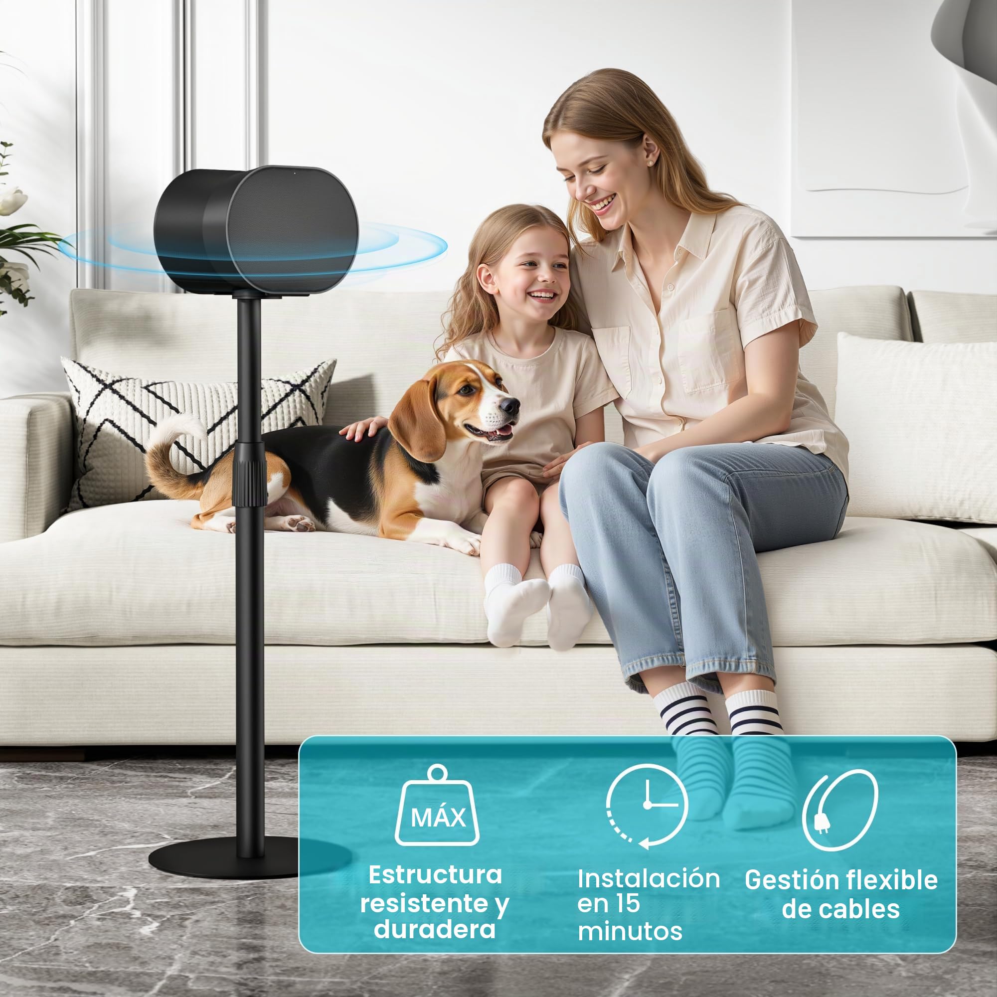 PEGZONE Soporte Altavoces para Sonos Era 100/300, 2 Unidades, Negro | Altura ajustable 68-106 cm, acero con gestión de cables, hasta 5 kg, base antideslizante Ø30 cm