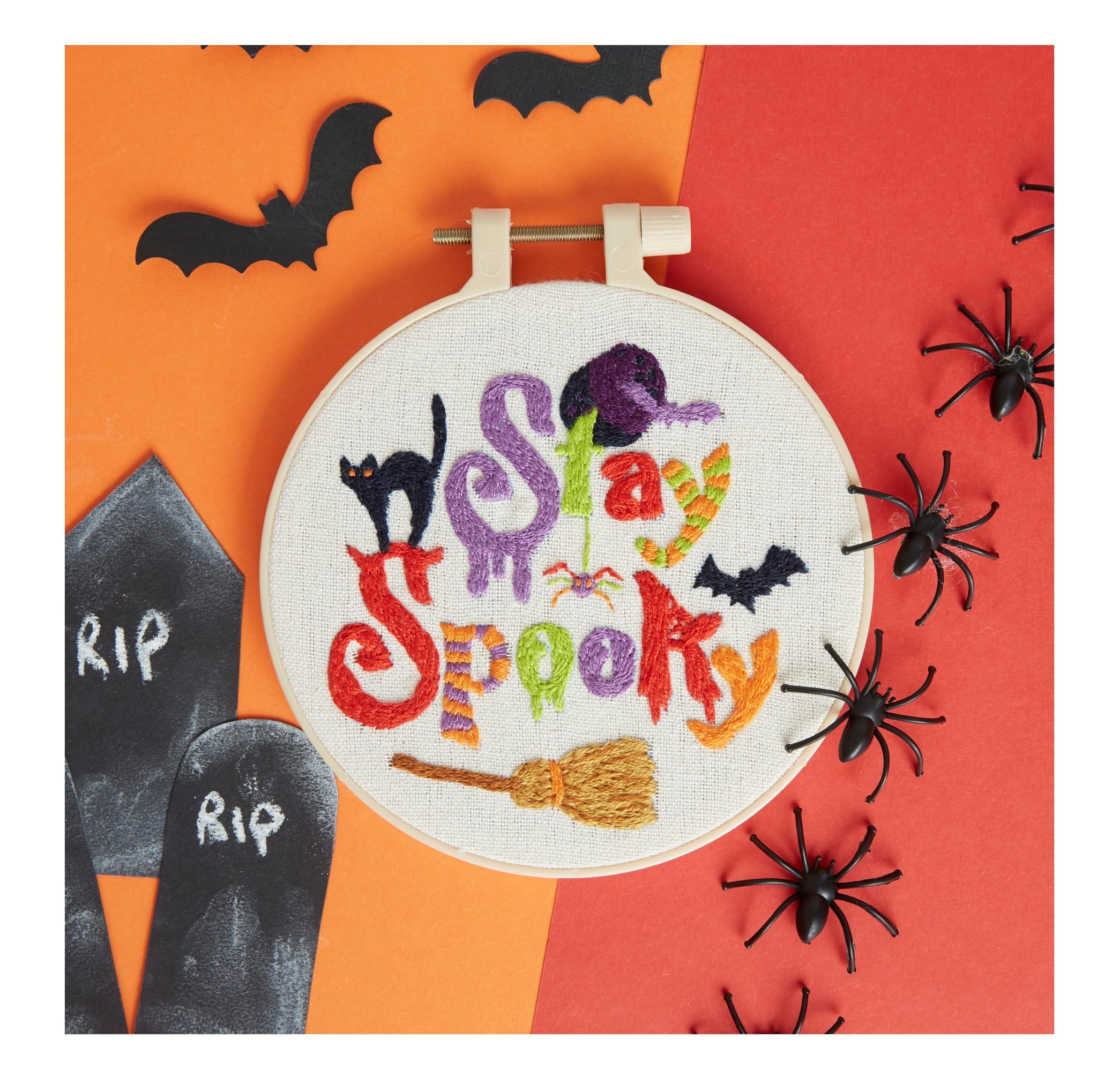 Simply MAKE Embroidery by Numbers Kit, Stay Spooky Halloween Craft Kit, Stitch and Sewing Kit, Includes Embroidery Threads, Craft Kits for Adults, Embroidery Kit with Embroidery Hoop
