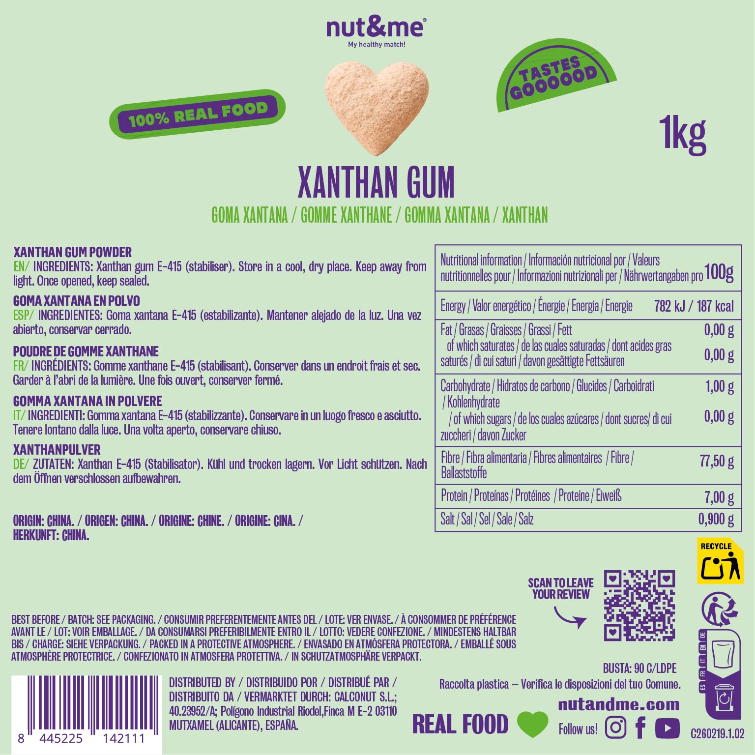 Goma Xantana 1 kg nut&me | Espesante alimenticio | Estabilizante natural | Sin gluten | Sin gluten, sin lactosa, sin aditivos | Sin OGM | Low carb | Vegano |