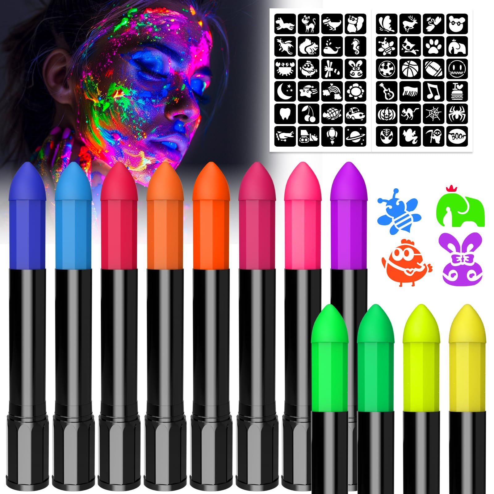 Beesjuy Kinderschminke Set - 12 UV Farbstifte Abwaschbar Und Ungiftig