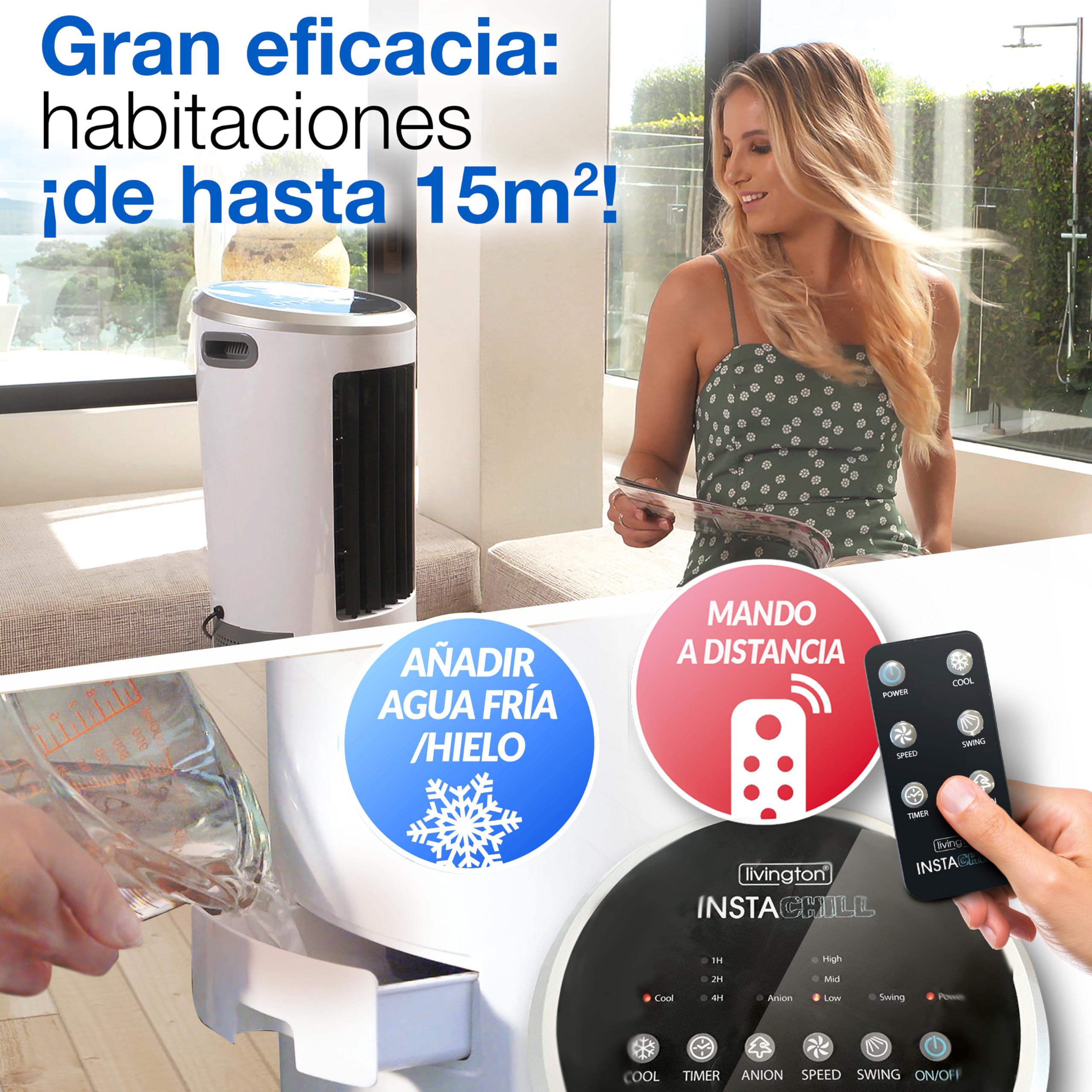 INSTACHILL Enfriador Evaporativo de torre Mejor que Ventilador, menor consumo que Aire Acondicionado. Sin instalación Pórtatil. Mando a distancia. Saludable sin sustancias químicas. Seguro sin aspas