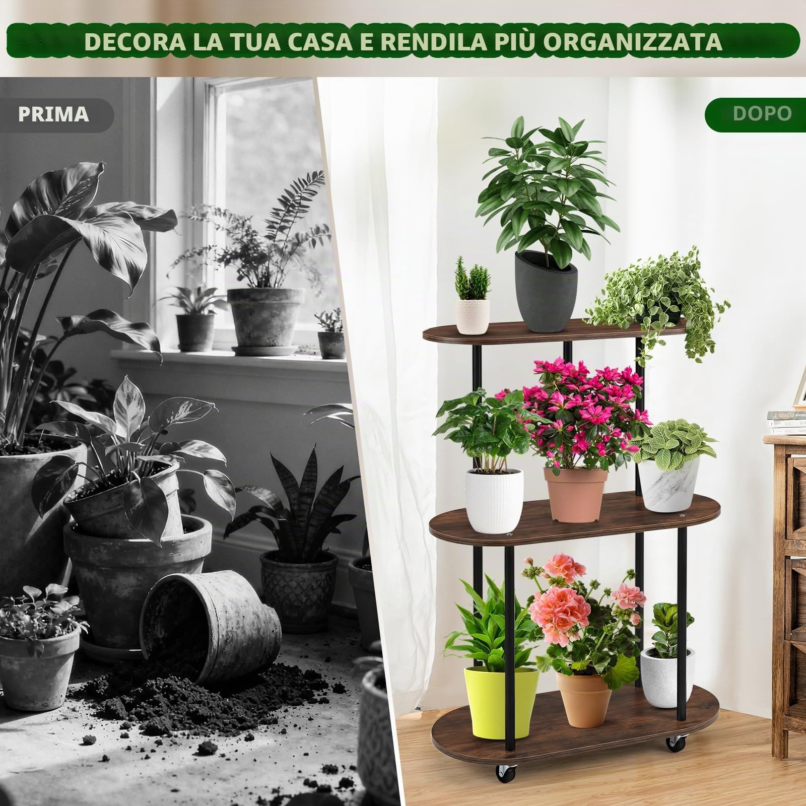 Scaffale per Piante 3 Ripiani con Ruote, Supporto Piante in Metallo e Legno, Porta Piante Interno 90 cm Alto per Soggiorno Balcone Cucina, Portavasi Salvaspazio Stabile
