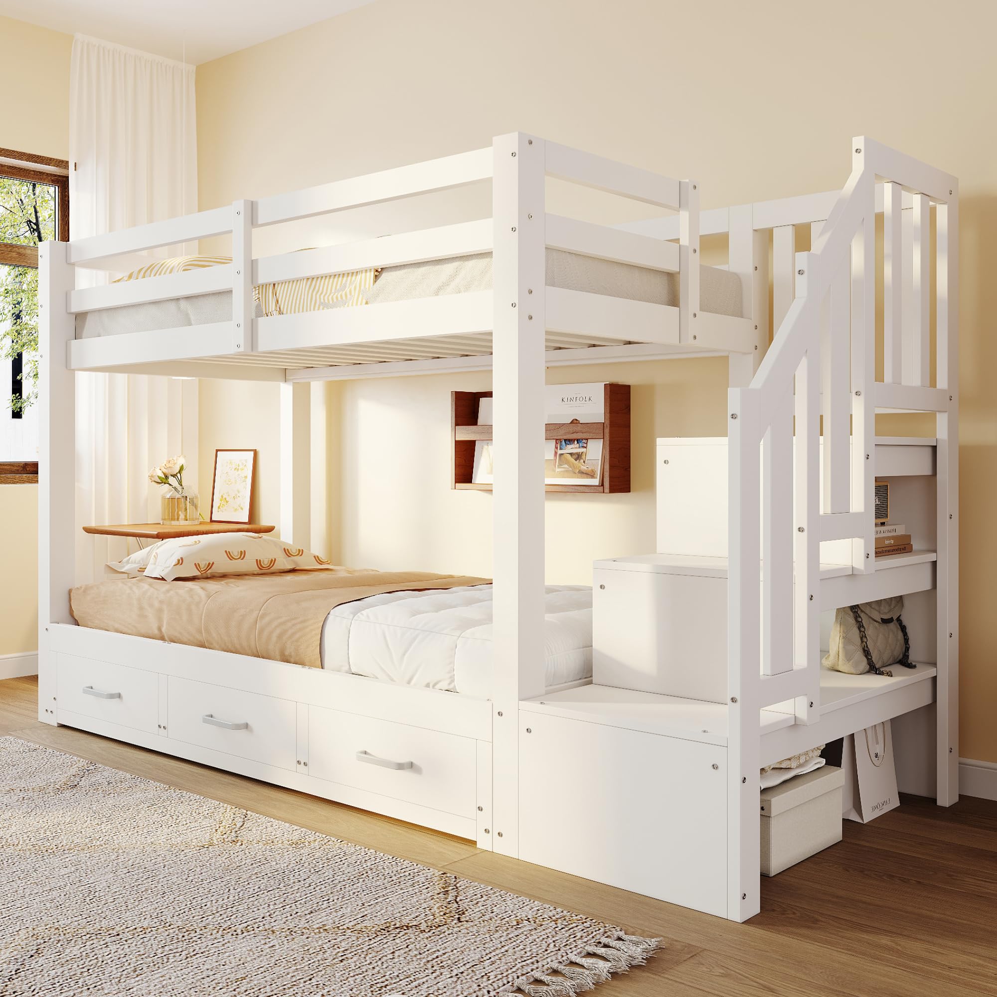 Litera de 90x200 cm con Cama Nido para 2 Personas, Cama Litera Matrimonio con 3 Cajones y Escalera Almacenaje, Cama Infantil Literas con Barandilla Anticaída y Lamas Madera, Sin Colchón, Blanco