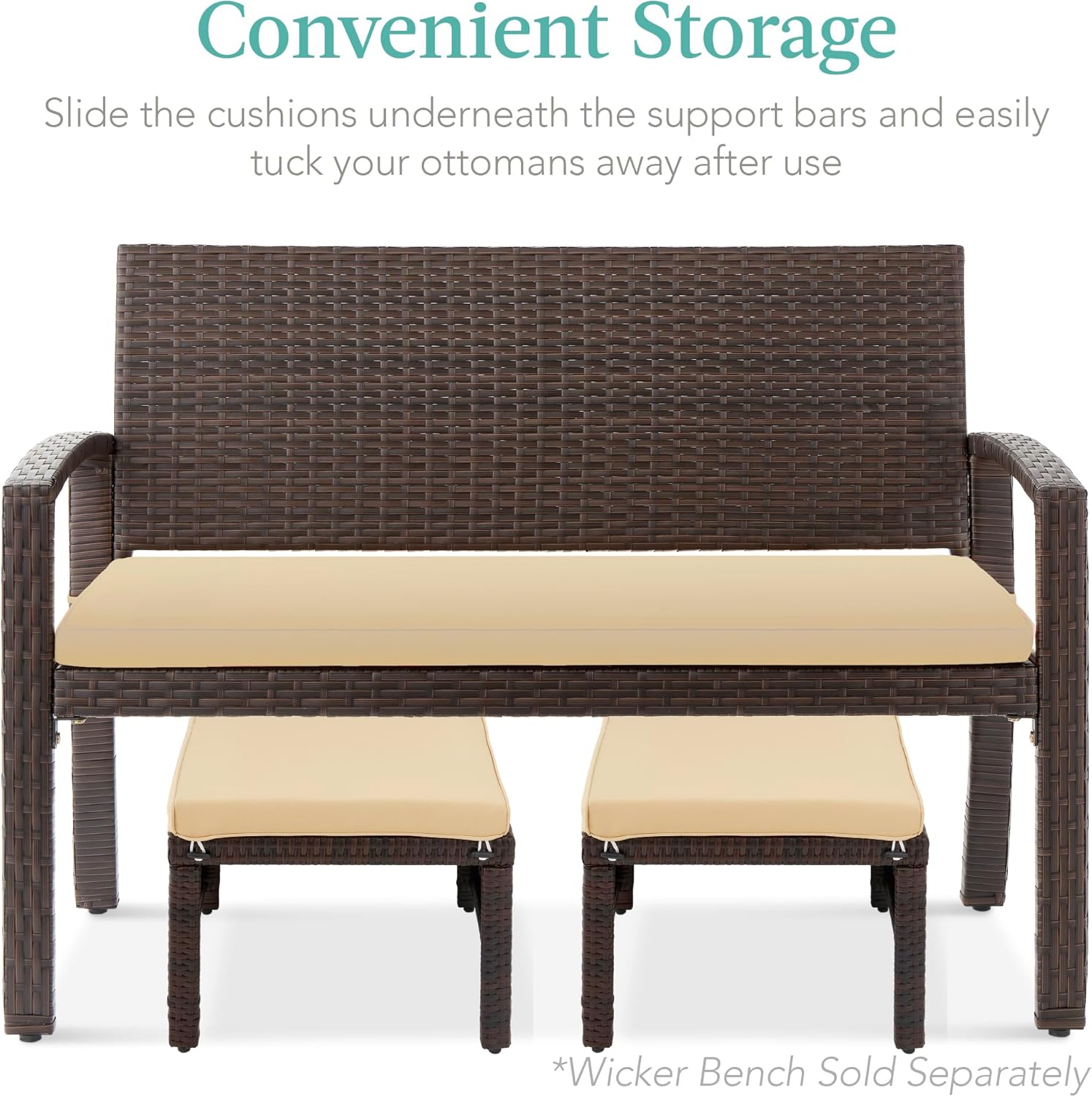 Best Choice Products Set of 2 Wicker Ottomans, Multipurpose Outdoor Furniture for Patio, Backyard, Additional Seating, Footrest, Side Table w/Removable Cushions, Steel Frame - Brown/Tan