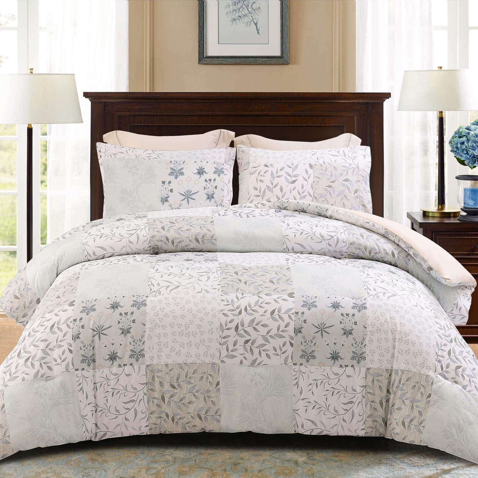Exclusivo Mezcla Edredón 220x230cm con 2 Fundas de Almohada, Ligero y Cálido Edredón Nórdico para Cama Doble con Estampado de Patchwork, Adecuado para Cualquier Temporada, Camello Gris OEKO-TEX STANDARD 100