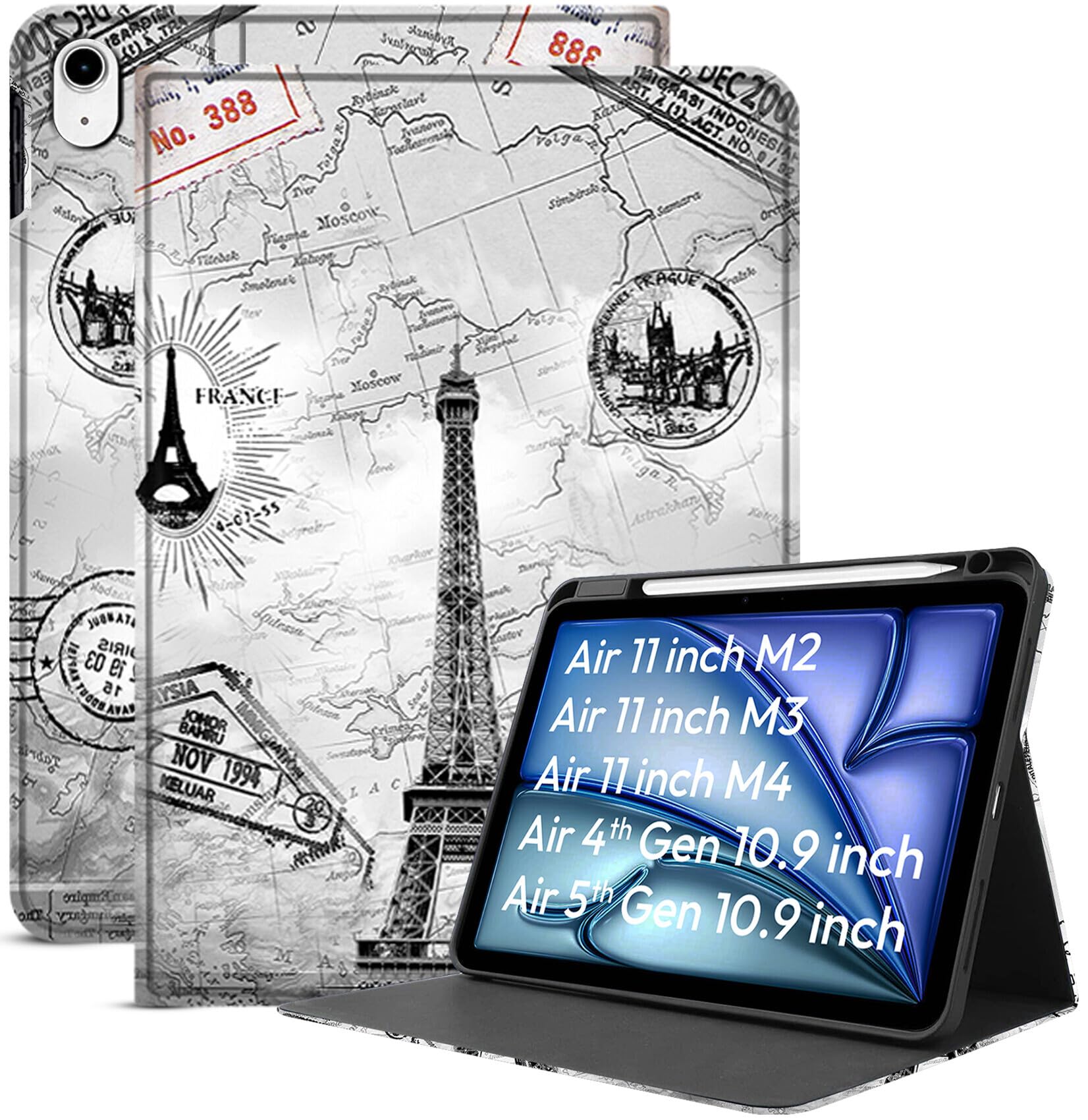 Robustrion Case Cover for iPad Air 11 inch M3 / M2 (2024/2025) / iPad Air 5th Generation Cover / 4th Gen 10.9 inch with [Pencil Holder Right Side] [Auto Sleep Wake] Folio Cover Case - Eiffel-image-38
