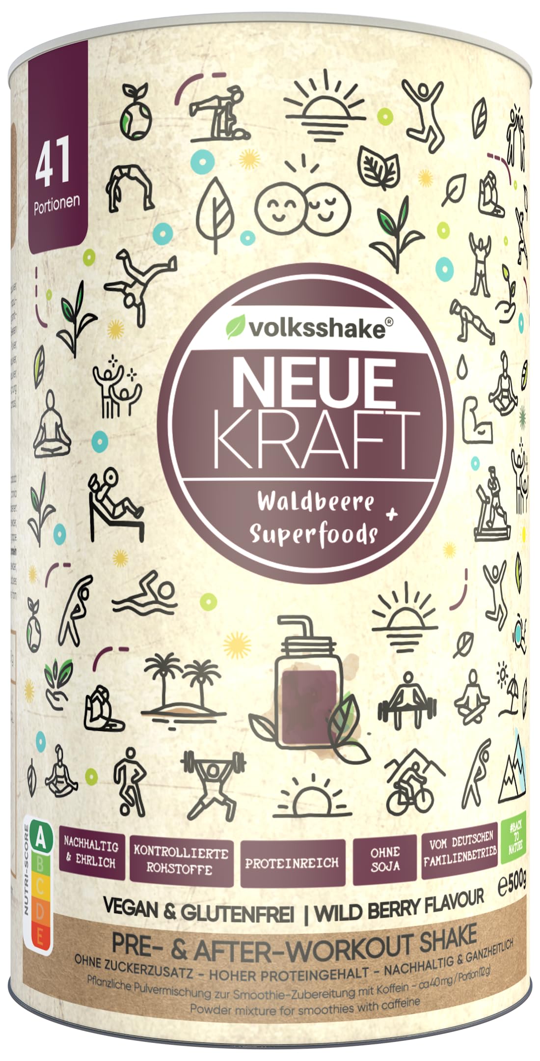 Neue Kraft | Smoothiepulver | 500g | Waldbeere-Geschmack | Über 20 rein pflanzliche Zutaten | Premiumqualität vom Bodensee | Made in Germany