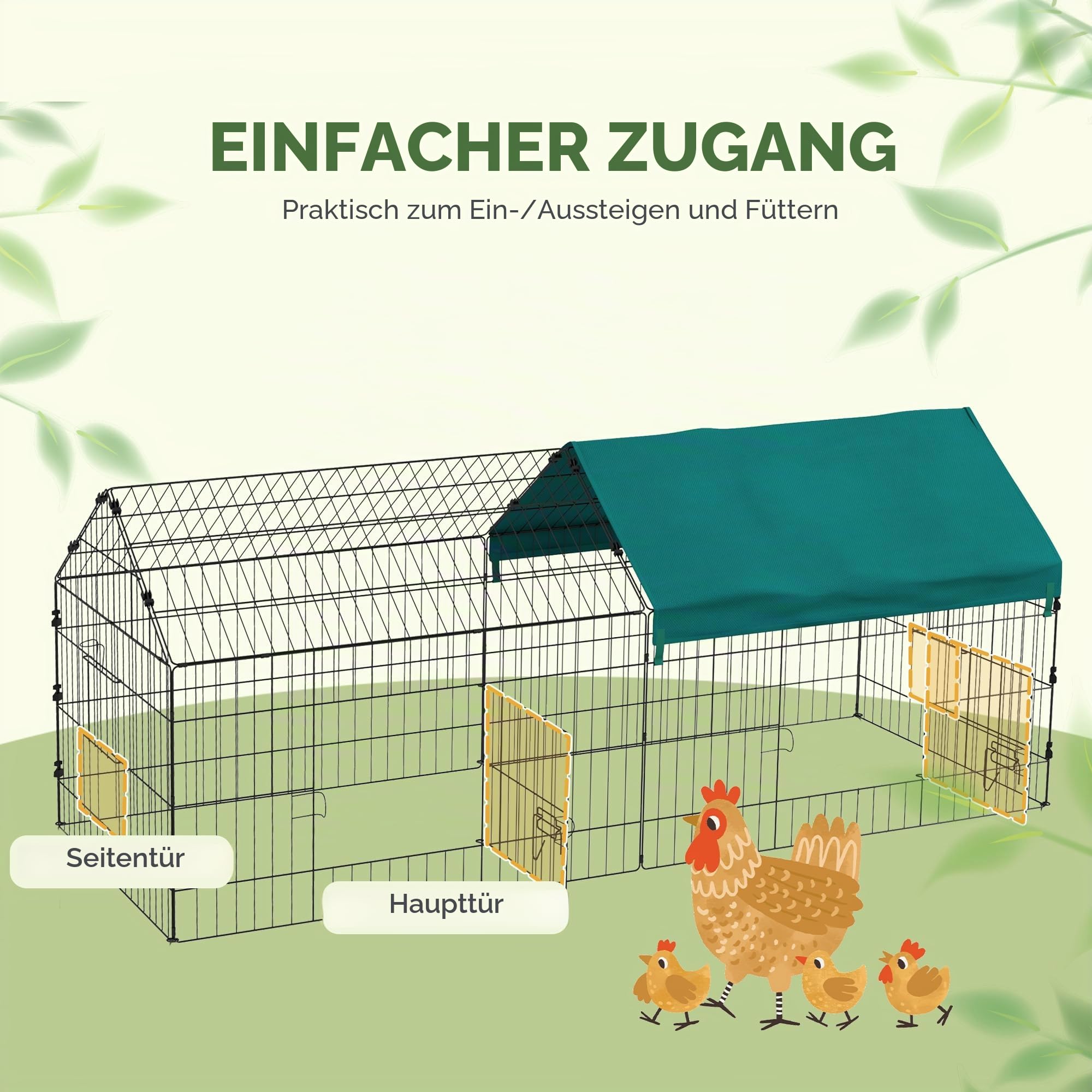 PawHut Freilaufgehege für den Außenbereich, 185 x 75 x 75 cm, Stahlstruktur mit 4 verschließbaren Türen und Schutz vor Sonnenblende, Dach, geeignet für Meerschweinchen, Schildkröten, Hühner, Nagetiere