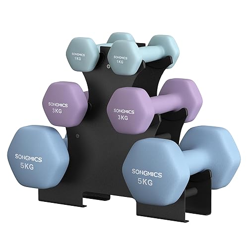 SONGMICS Weight Lifting Dumbbell Kit with Storage Stand, for Fitness, Vinyl Coated - 18KG, Aqua + Ash Purple + Pale Blue