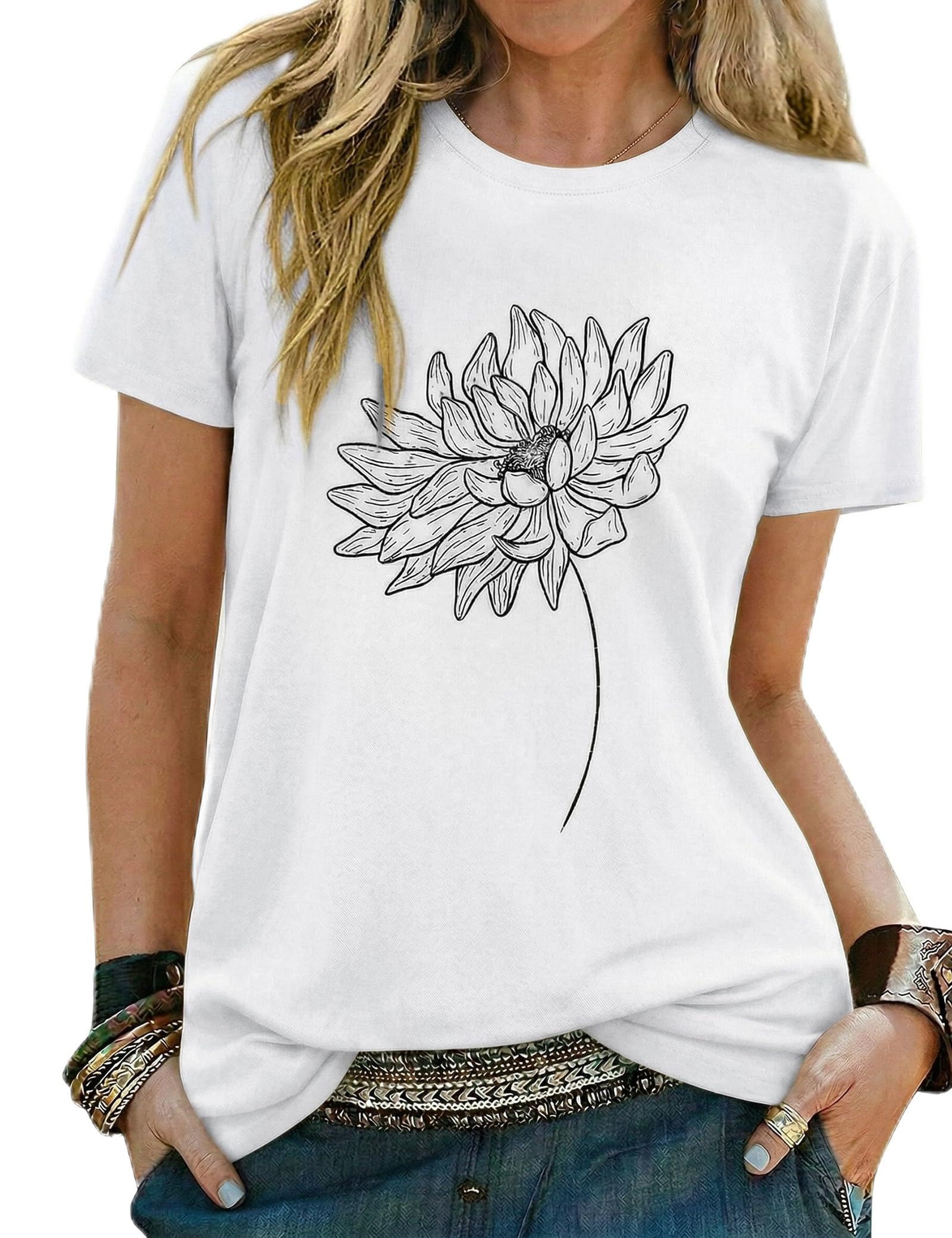 Gyabnw Damen Sonnenblumen T Shirt Sommer Kurzarm Top mit Aufdruck Oberteile Shirts