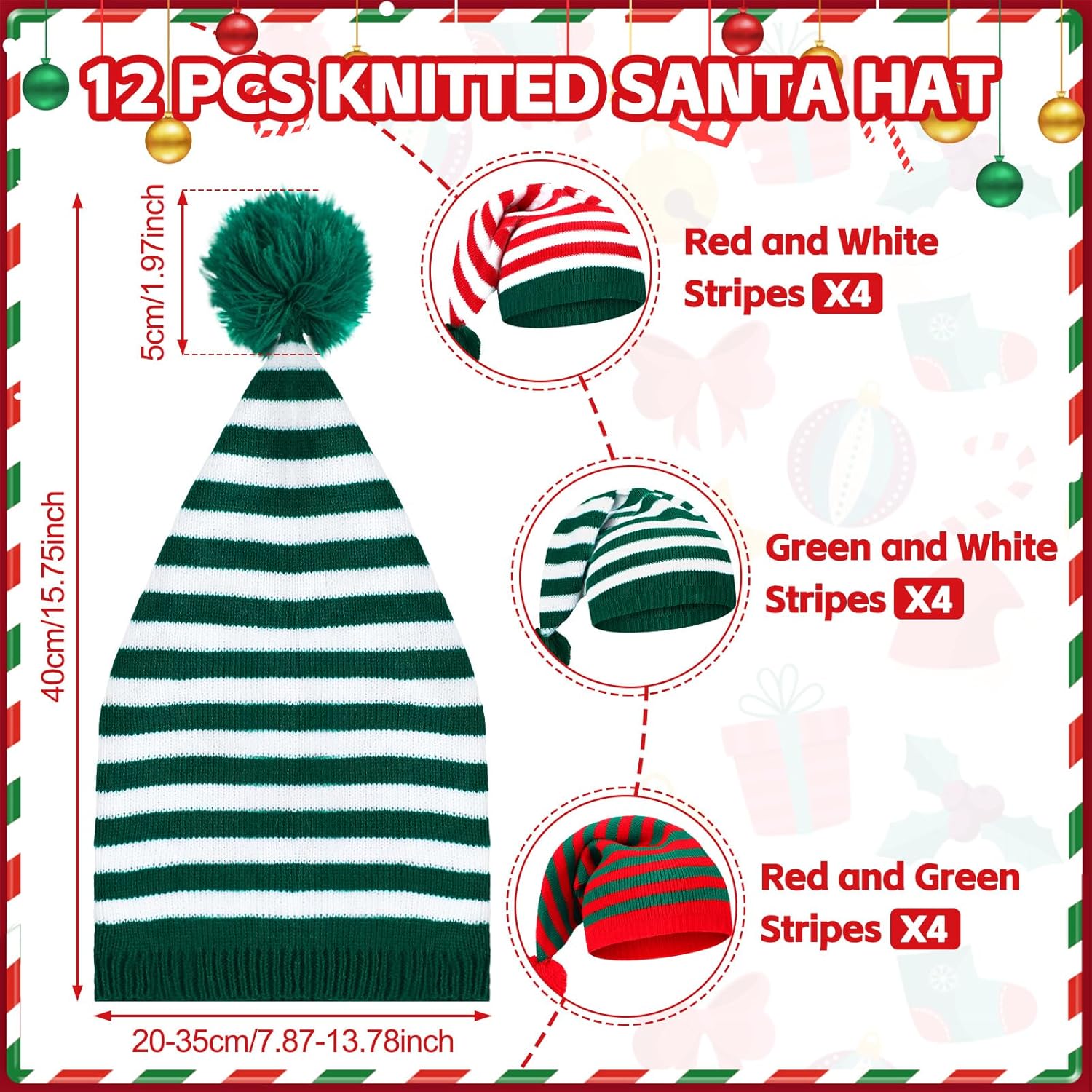 Ramede 12 Christmas Knitted Elf Hats Santa Hat for Adults Xmas Beanie Winter Hats with Pompom Bulk Crochet Caps for Women Men - Image 6