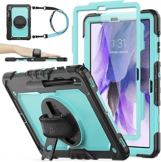 SEYMAC stock Case for Samsung Galaxy Tab S7 FE / S8 Plus 5G Case 12.4'' with Screen Protector Pencil Holder [360 Rotating Hand Strap] &Stand, Drop-Proof, SkyBlue/Black
