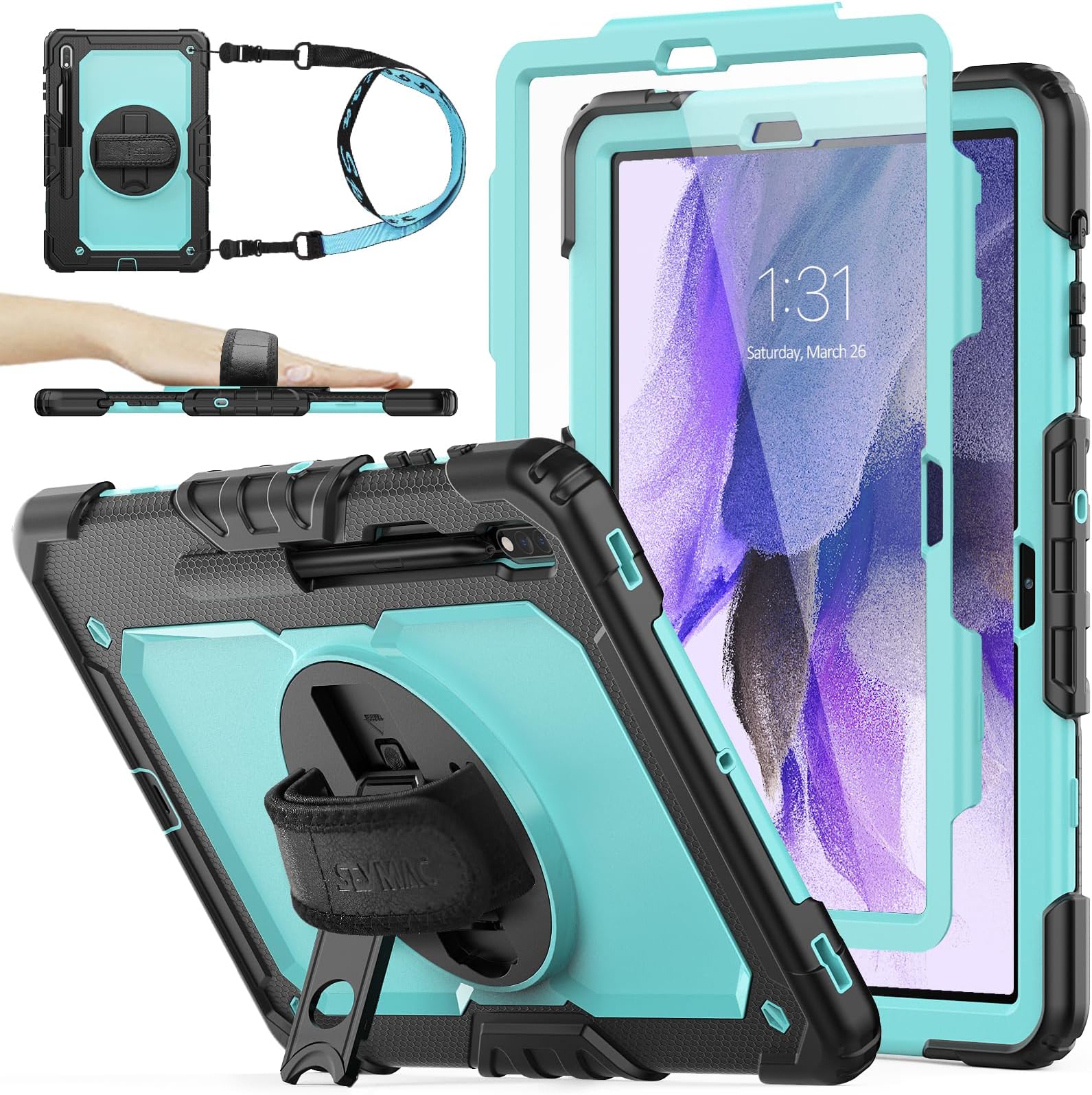 SEYMAC stock Case for Samsung Galaxy Tab S7 FE / S8 Plus 5G Case 12.4'' with Screen Protector Pencil Holder [360 Rotating Hand Strap] &Stand, Drop-Proof, SkyBlue/Black