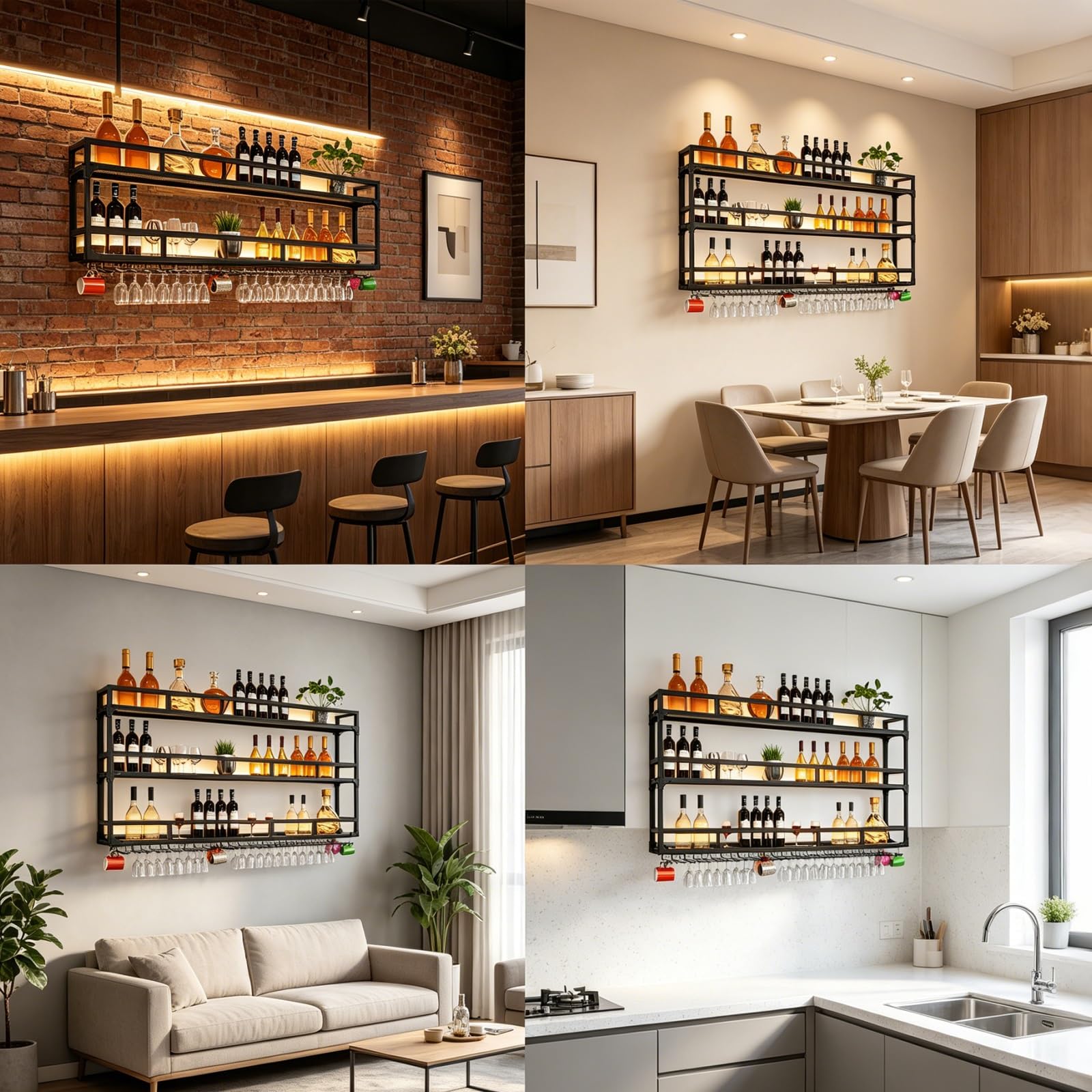 Regał na Wino Montowany na Ścianie z Paskiem LED Pogrubiona Rama Żelazna | Montowany na Ścianie Stojak na Wino, Lakierowanie Wysokotemperaturowe, do Salonu, Domu, Baru, Piwnicy(Gold,100x25x90cm)