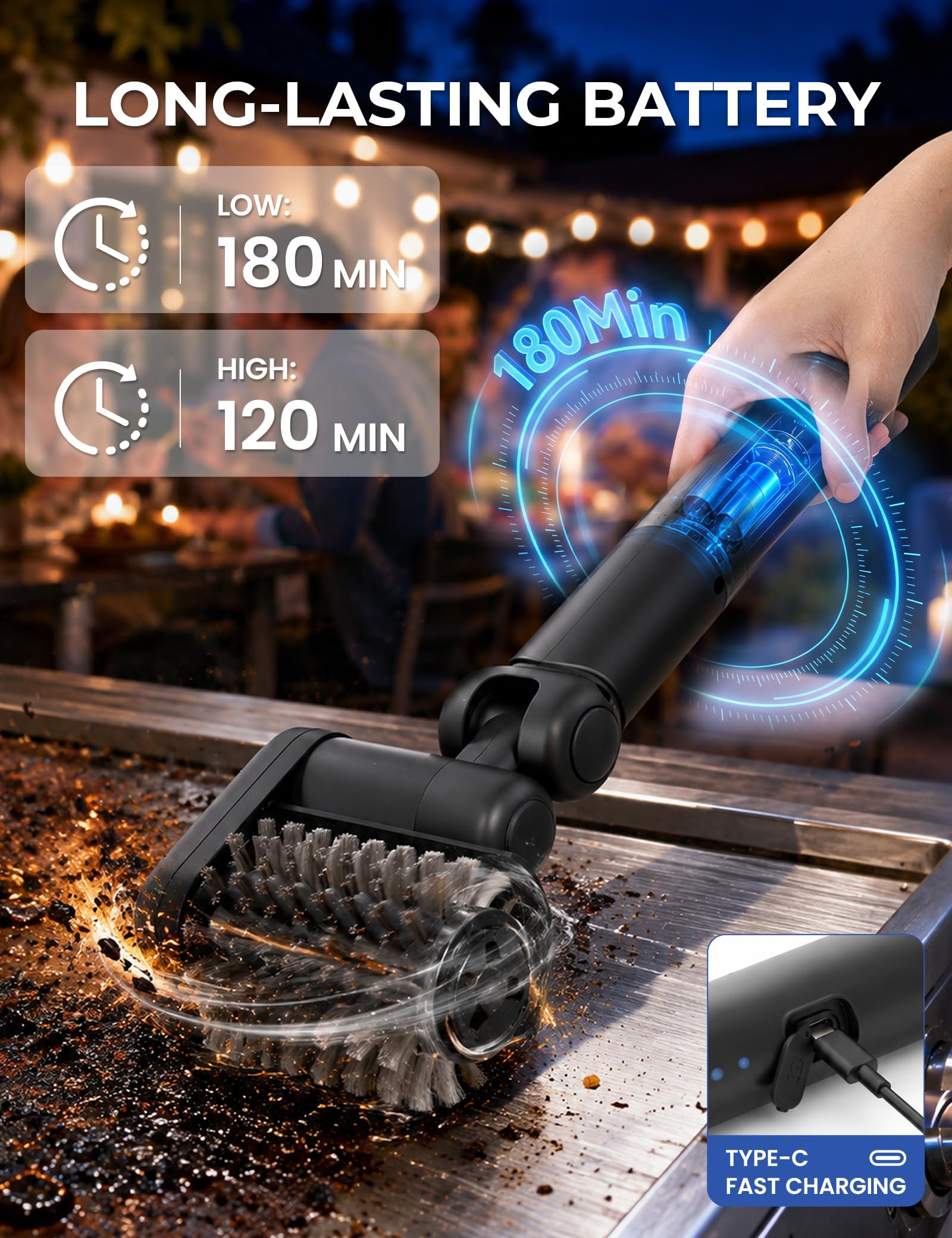 Pulisci Griglia BBQ Elettrico, Pulitore Grille Barbecue con Indicatore Batteria a 5 LED, Testa Regolabile 0/30/60 Gradi e Doppia Velocità 450 Giri/Min, Spazzola BBQ per Ghisa e Acciaio Inox
