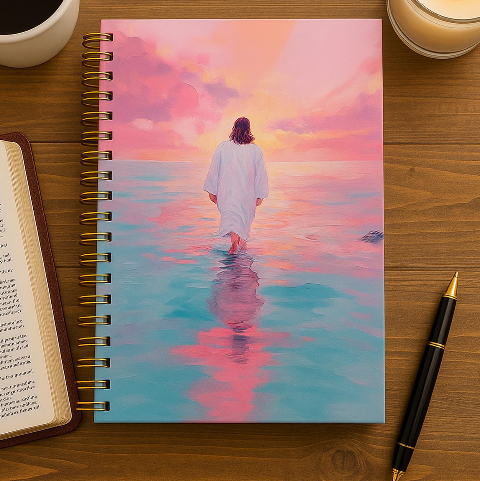 Notatnik spiralny Jezusa Chrystusa, Jezus Chrystus chodzący po wodzie, dziennik notatek kościelnych, "I Will Walk With Christ LDS, dom i biuro, spirala oprawiony 5,5 x 8,3